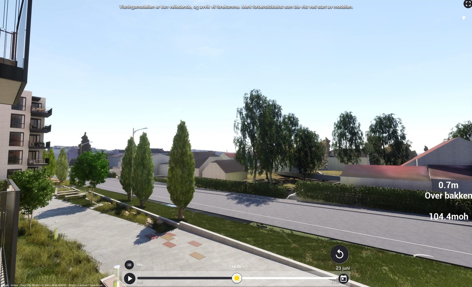 Illustrasjon | Utsyn fra den sørvestvendte balkongen på 7 m². Her er det svært gode solforhold med sol fra rundt kl.12 til 21 midtsommers, ifølge simulator. Avvik kan forekomme. Galleribilde