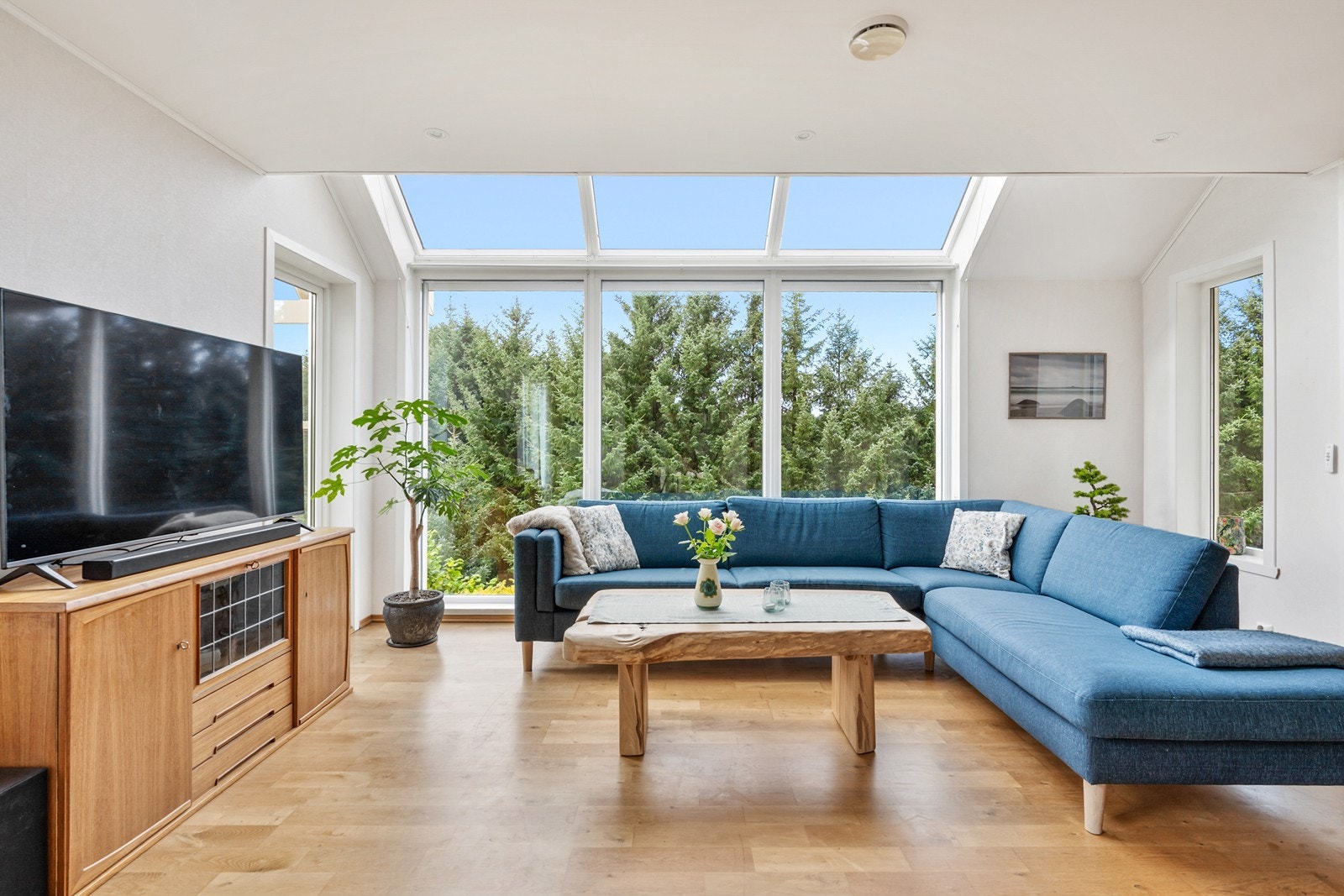 Stuen er innredet med god plass til en stor sofagruppe under det nydelige glasstaket. Galleribilde