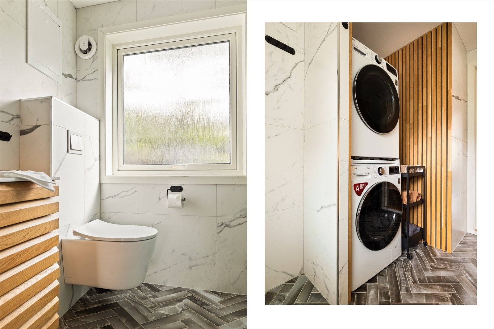 - Badet har varmekabler i gulv og ellers flotte materialvalg, her får man også vaskemaskin og tørketrommel med - Galleribilde