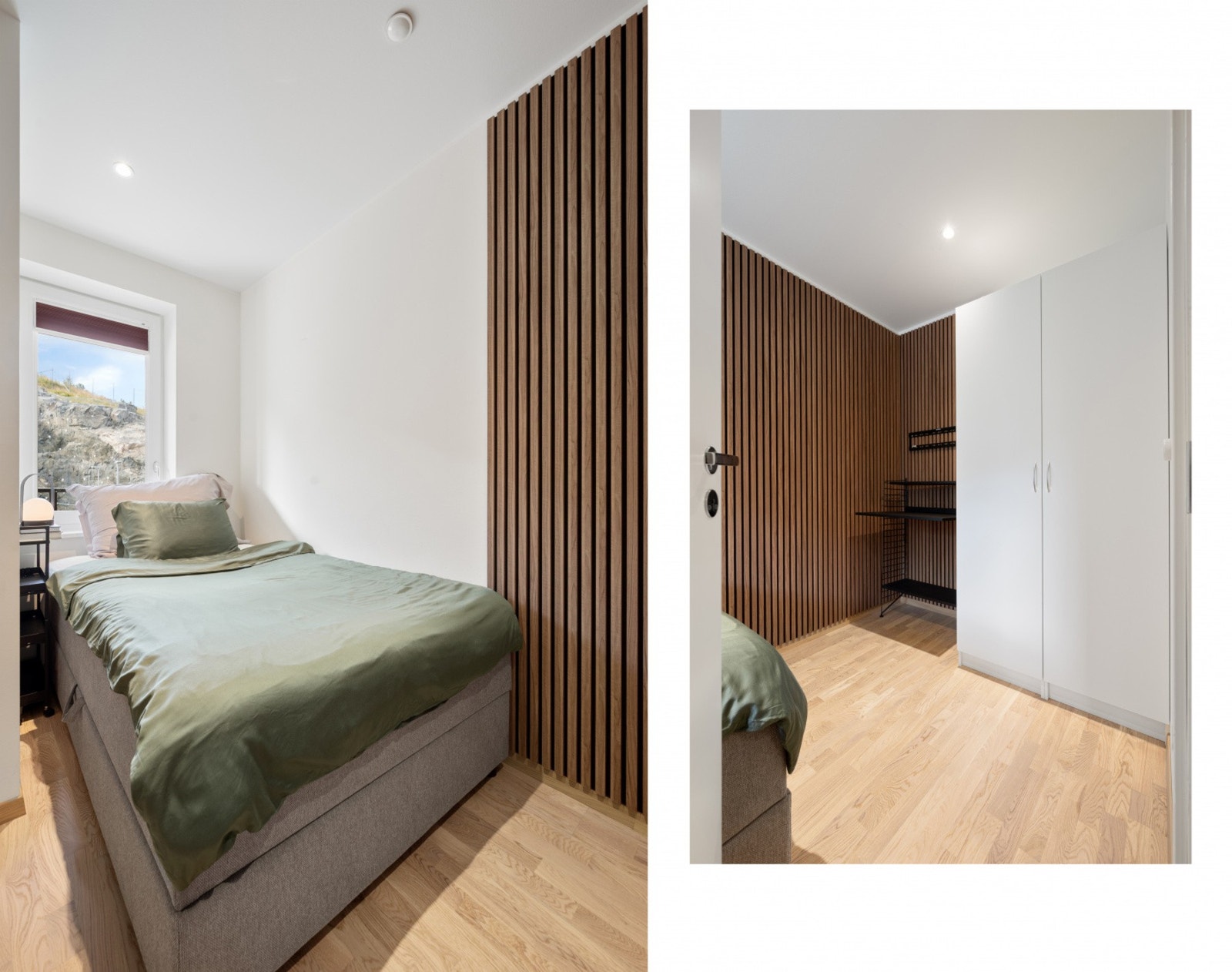 Moderne soverom med spilevegg og god plass til skapinnredning. Galleribilde
