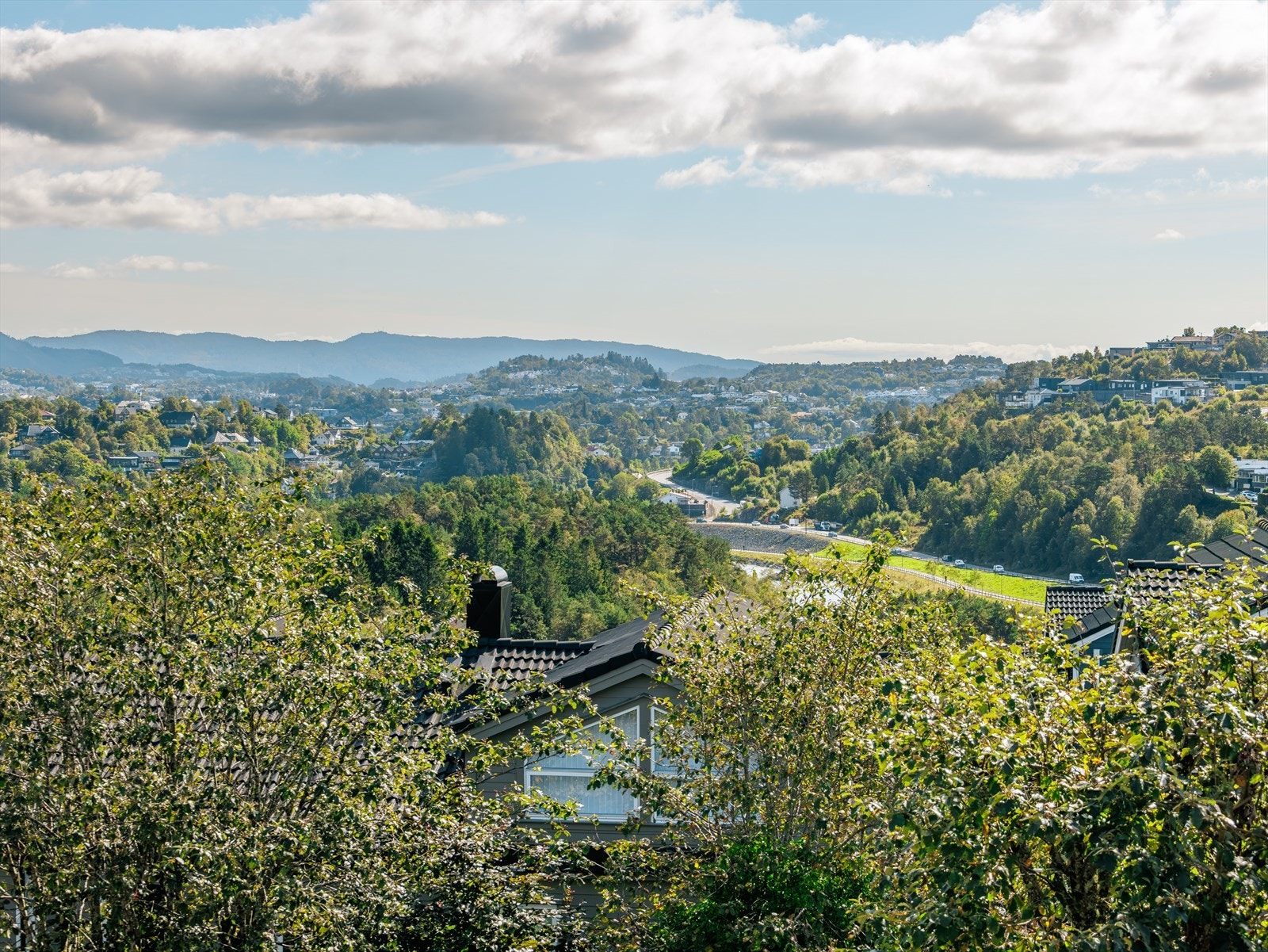 Fra boligen er en idyllisk utsikt over frodige omgivelser i Fyllingsdalen. Galleribilde