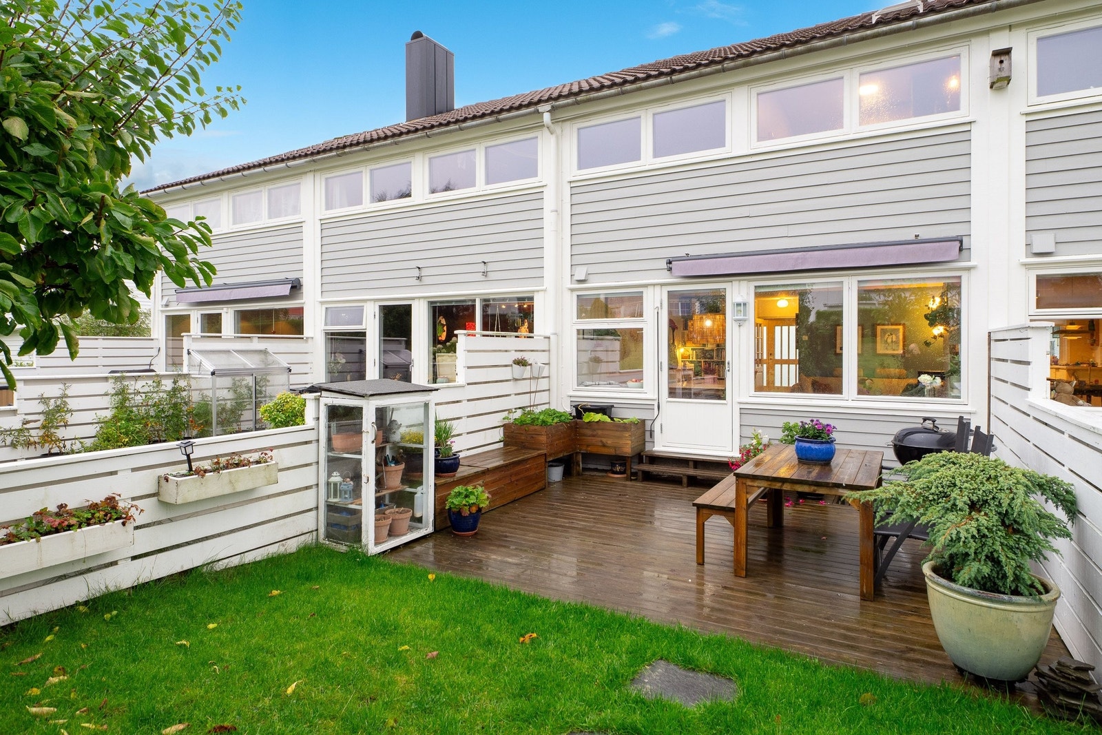 Hage/terrasse: Plassbygde utemøbler og drivhus, plommetre i hagen. Galleribilde