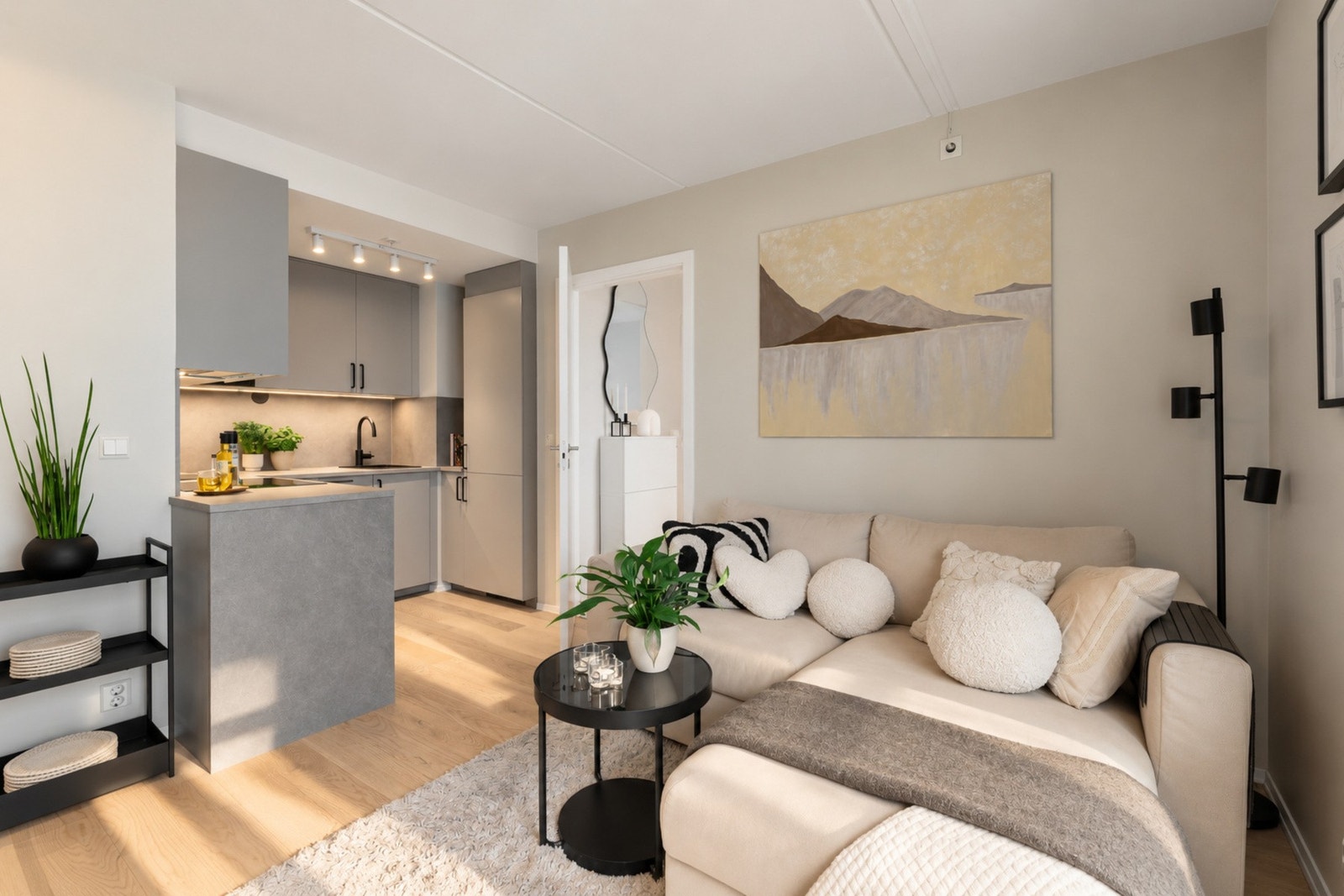 Velfungerende åpen løsning mot stilrent kjøkken fra 2026. (Redigert pent vær med AI) Galleribilde