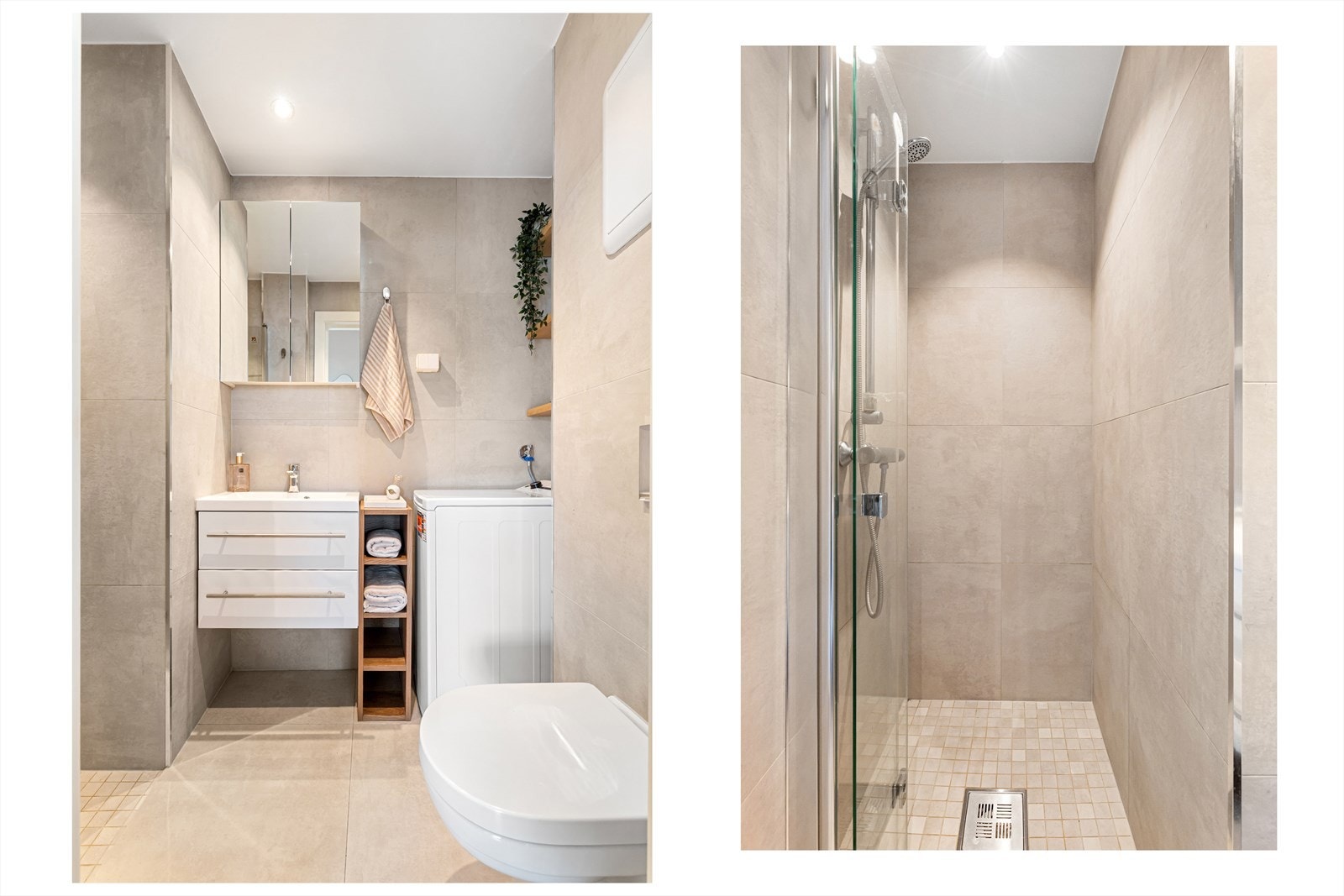 Delikat baderom pusset opp i 2020. Badet har tidsriktige farge- og materialvalg med fliser, downlights og gulvvarme. Galleribilde