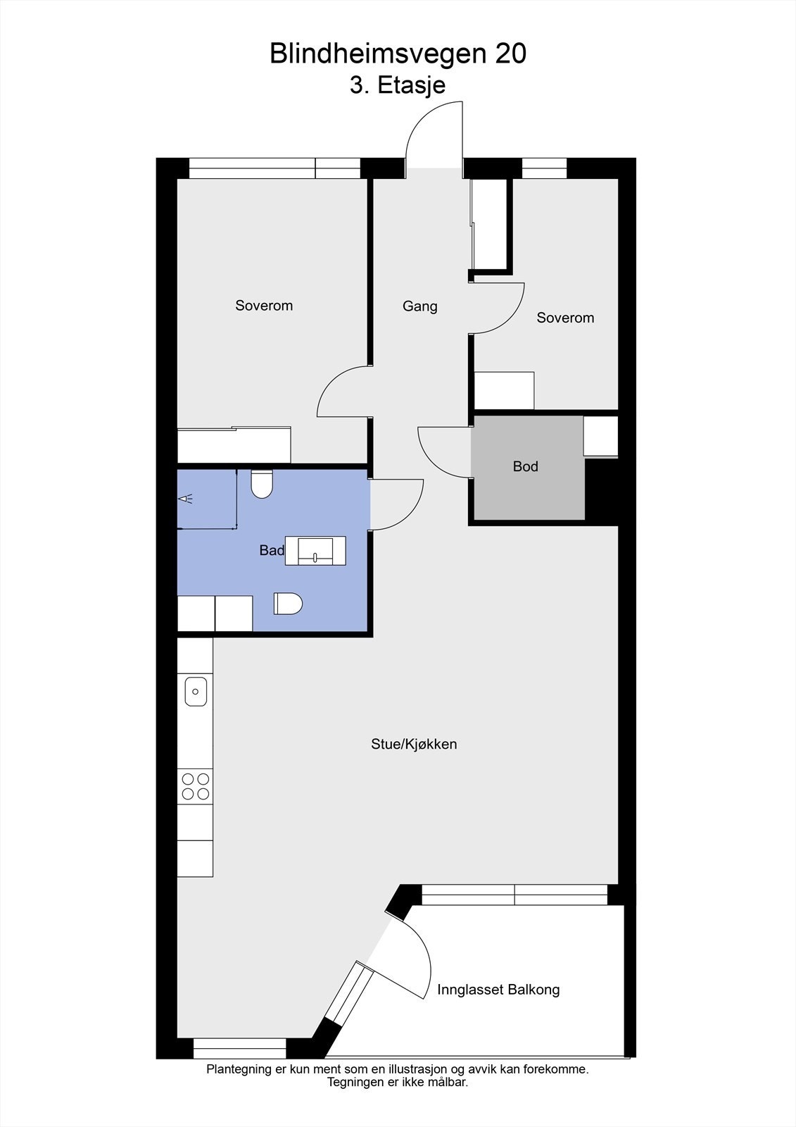 Plantegningen viser en 3-roms selveierleilighet i 3. etasje med stue/kjøkken, bad, bod, gang og to soverom. Galleribilde