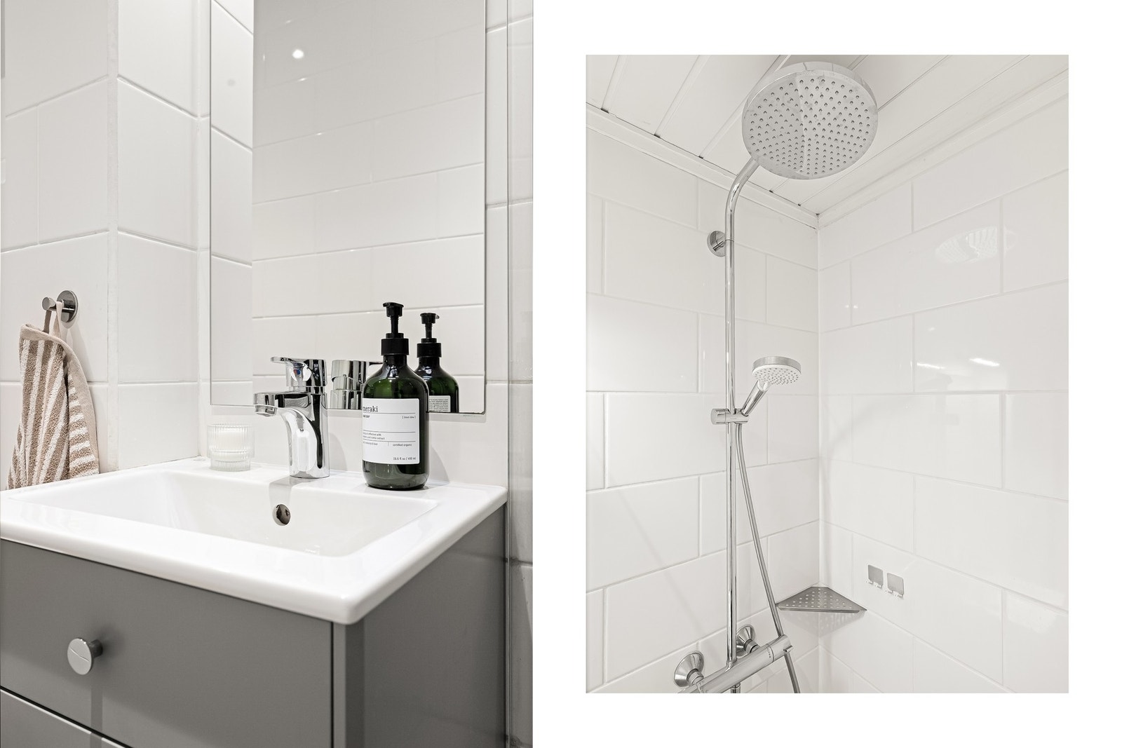 Badet har et stilrent og tidløst uttrykk og er innredet med vegghengt servantinnredning med skuffer, servant og armatur, samt stort speil med integrert belysning. Galleribilde