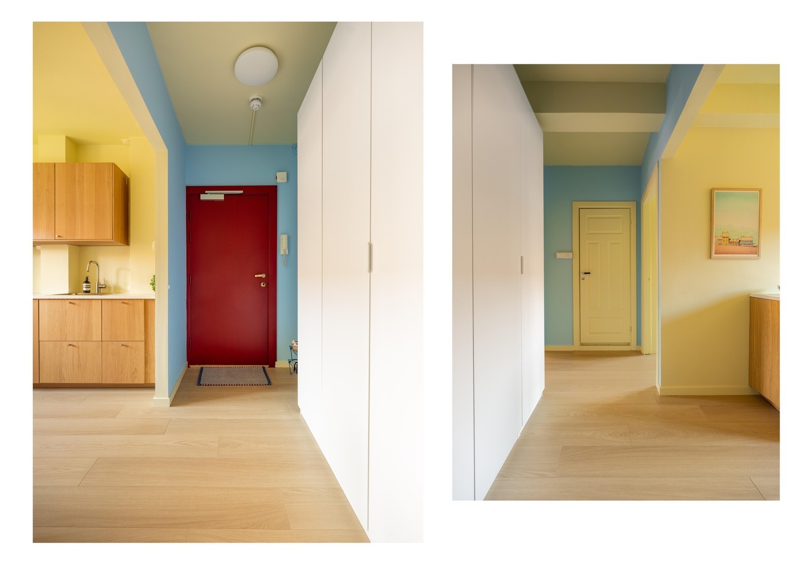 Entreen har en lys og moderne fargepalett som står i stil med resten av leiligheten. Her kan du henge fra deg i garderobeskapet, som for øvrig følger med salget. Galleribilde