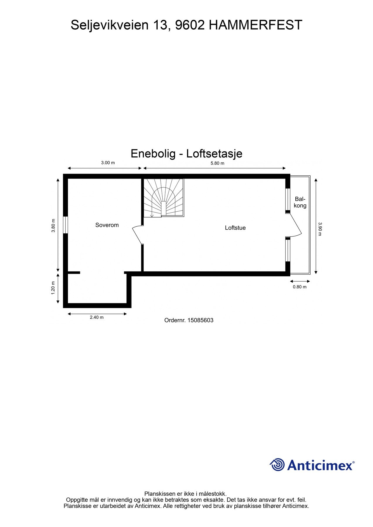 Plantegning for loftsetasjen med loftstue og soverom. Galleribilde