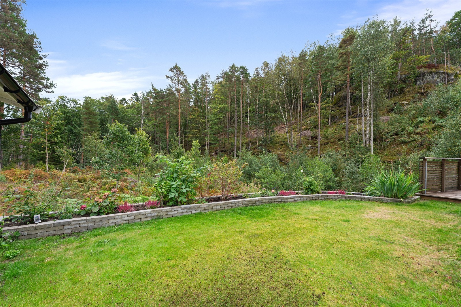 Hagen byr på plen, frodig beplantning og god plass til både lek og avslapning. Galleribilde