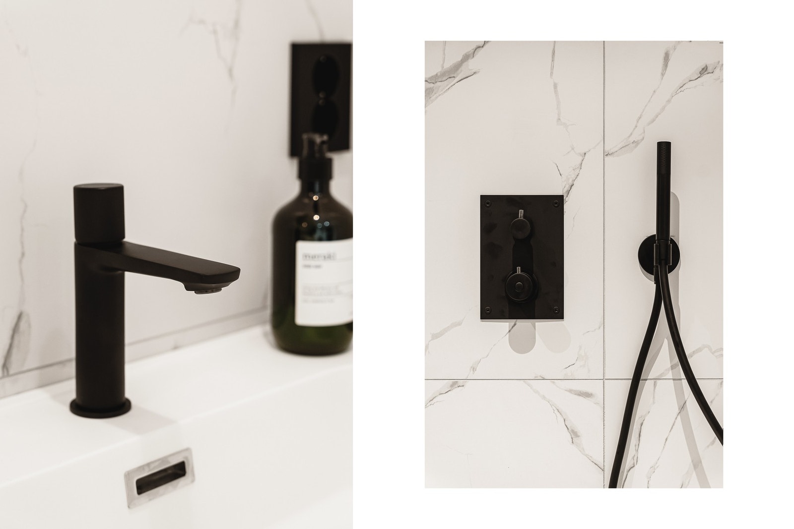 Badet er innredet med vegghengt toalett, dusj med glasvegger, opplegg for vaskemaskin og en klassisk baderomsinnredning med servant Galleribilde