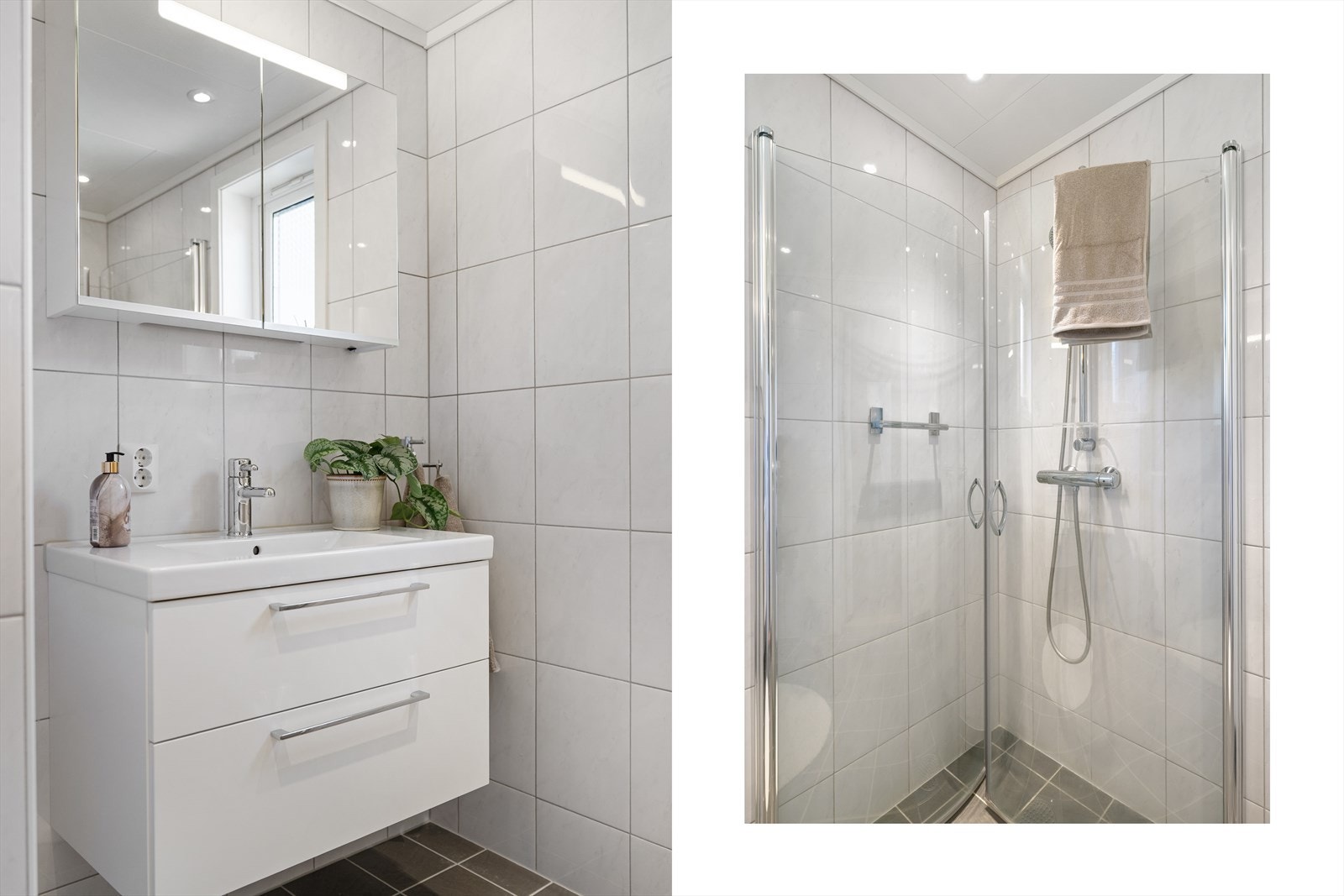 - Badet er innredet med benkeskap hvor det er servant, speilskap med belysning og dusjdører i glass - Galleribilde