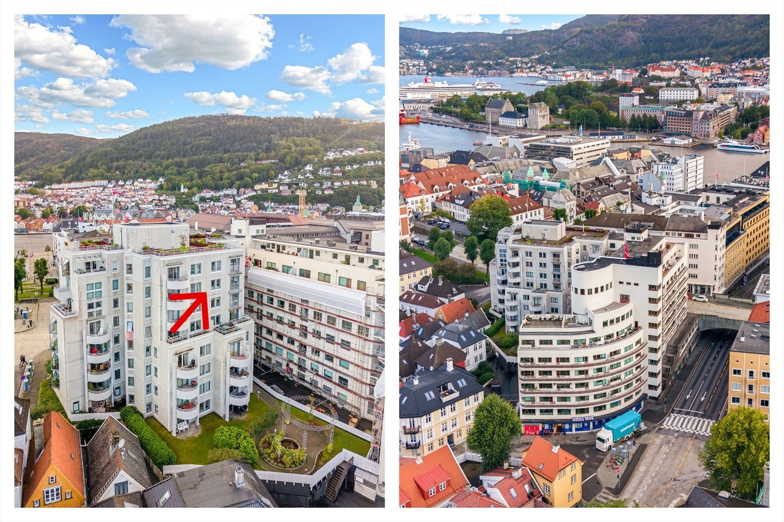 Dronebildet viser leilighetens flotte beliggenheten høyt og fritt i byggets 7. etasje. Galleribilde