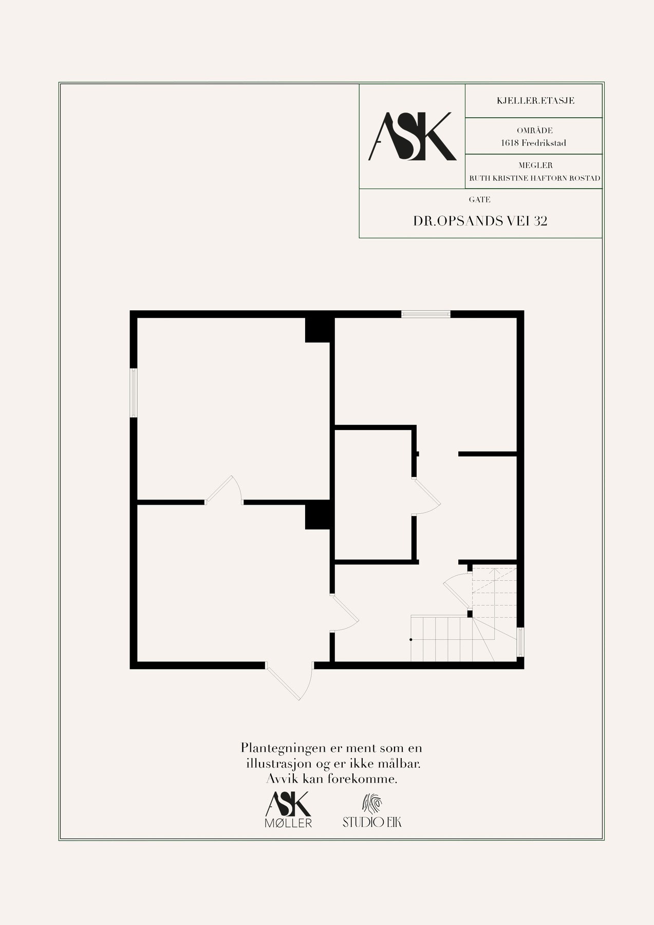 Kjeller på 36 m² med trapperom og fire boder. Galleribilde