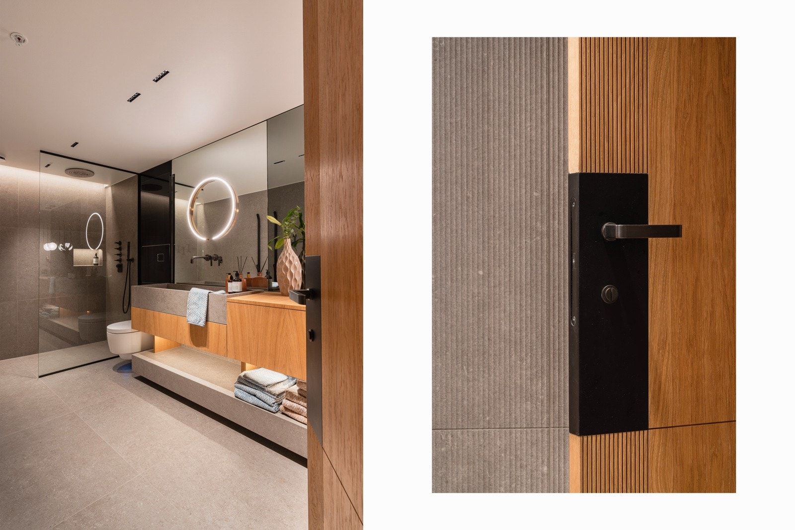 Eksklusivt hovedbad med fliser fra Bera&Beren, stilrene detaljer og gjennomført design.