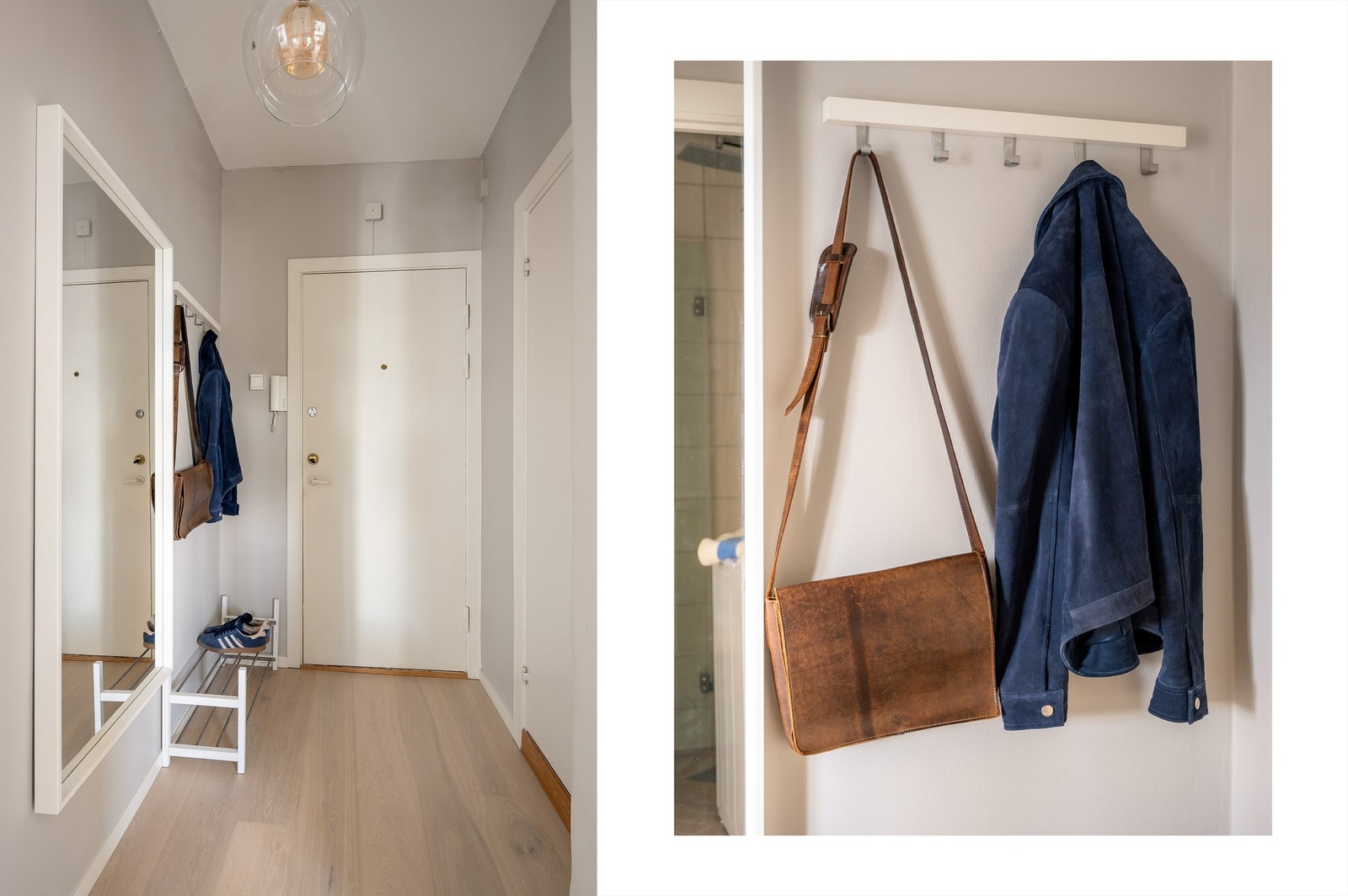 Entré av fin størrelse med plass til oppbevaring enten ved oppheng på vegg eller en mindre kommode Galleribilde