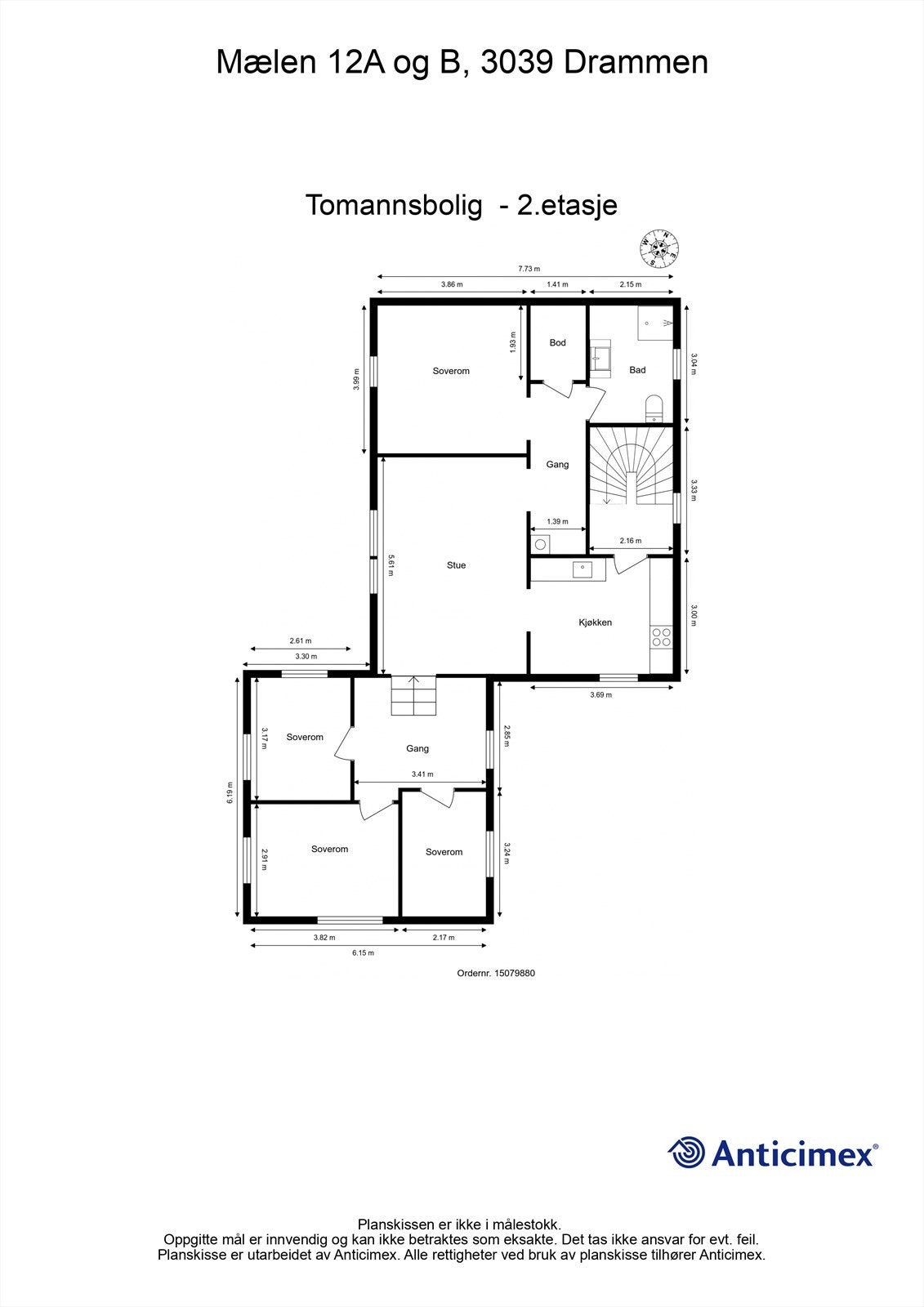 Plantegning, hel tomannsbolig (Mælen 12A og B) - 2. etasje Galleribilde