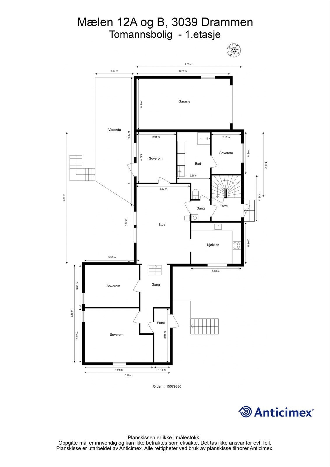 Plantegning, hel tomannsbolig (Mælen 12A og B) - 1. etasje Galleribilde