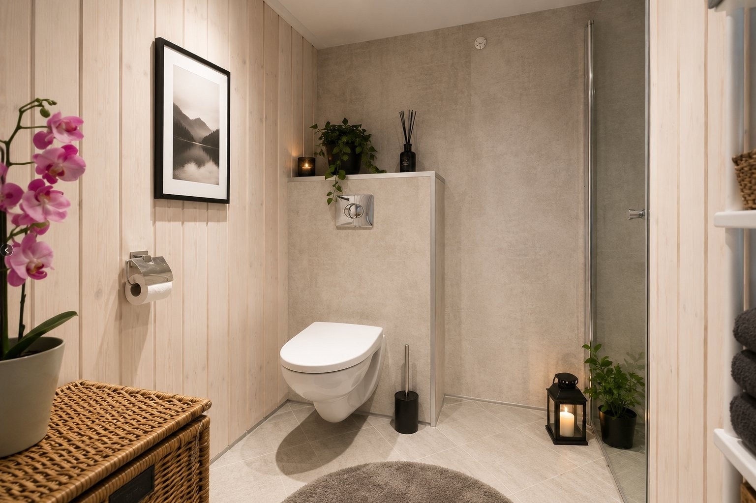 Badet i hybel er flislagt med vegghengt wc, varmekabler og dusjnisje. Bildet er digitalt stylet Galleribilde