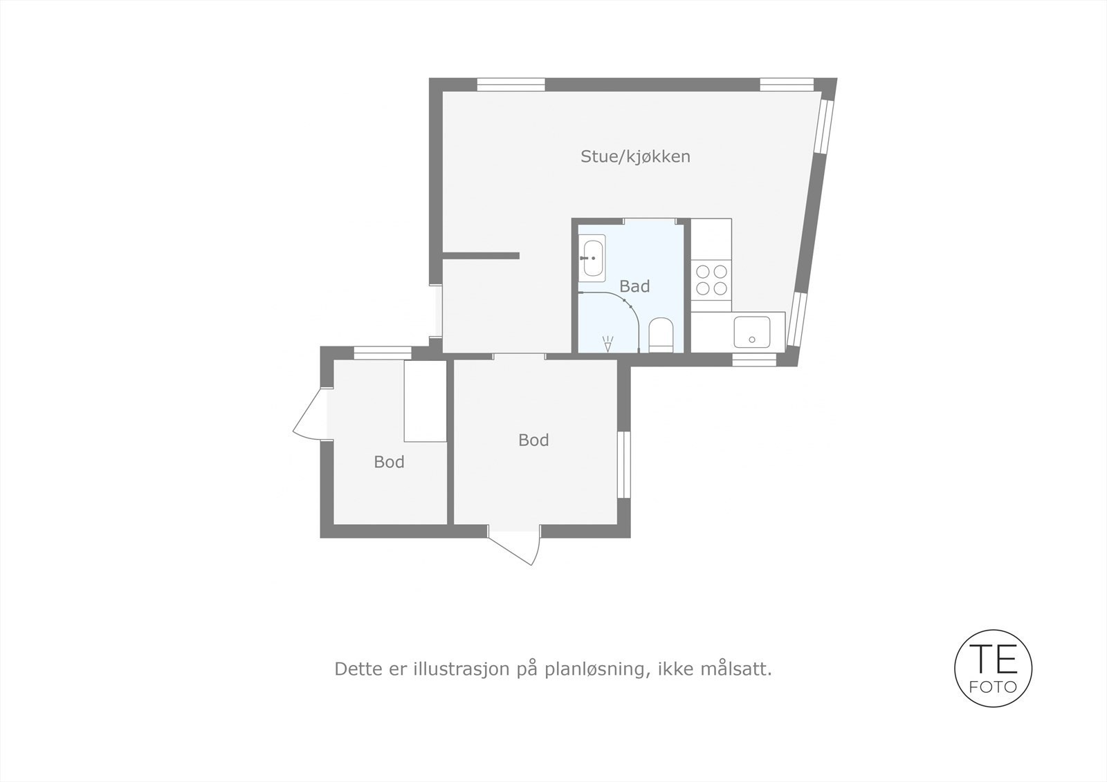 Leilighetens underetasjen er målt til 32 m². Det presiseres at hele underetasjen ikke er godkjent til varig opphold. Galleribilde