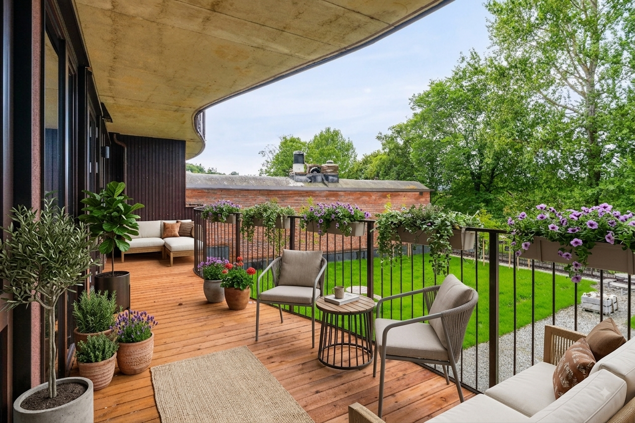 Her er det god plass til både sofagruppe og spisebord. Det blir også tilrettelagt for sosiale sammenkomster på tunet og takterrasse. Bildet er digitalt møblert ved hjelp av KI, avvik kan forekomme. Galleribilde