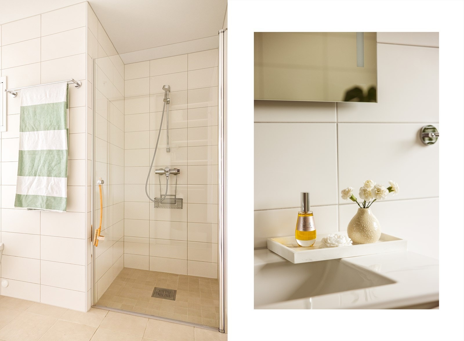 - Badet måler 9 m² og er utstyrt med dusjhjørne, vegghengt toalett, opplegg til vaskemaskin, speil m/belysning og servant m/møblement - Galleribilde