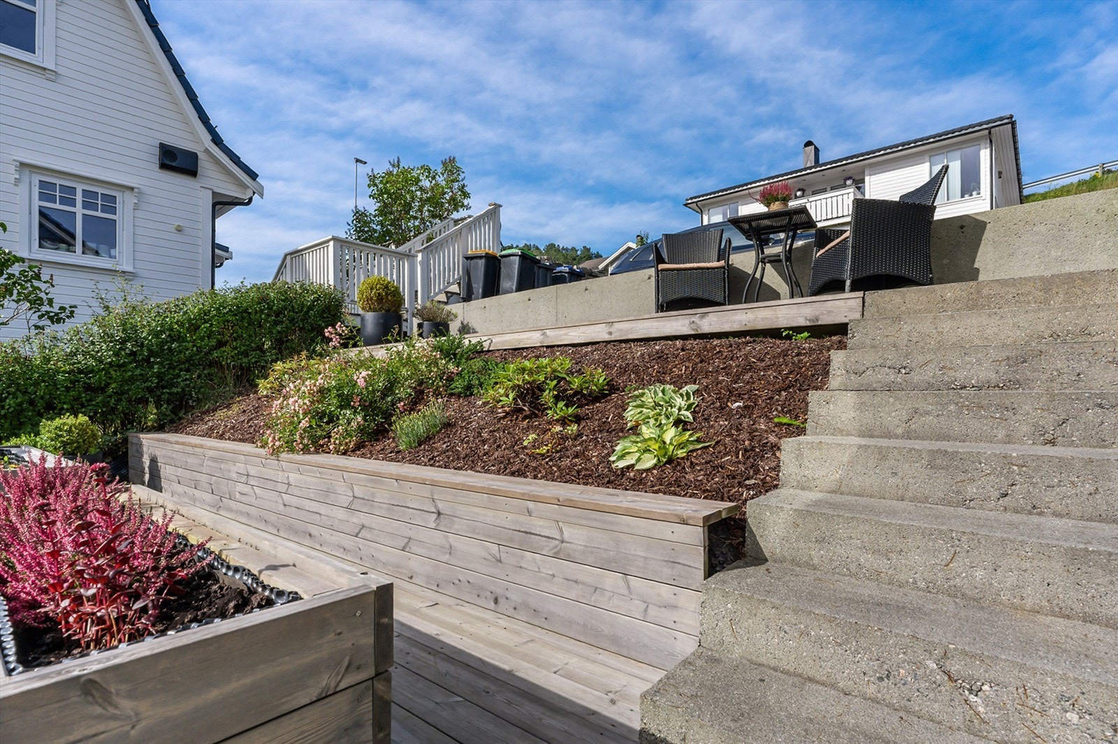 To sørvendte terrasser på 14 kvm med beplantinger mellom Galleribilde