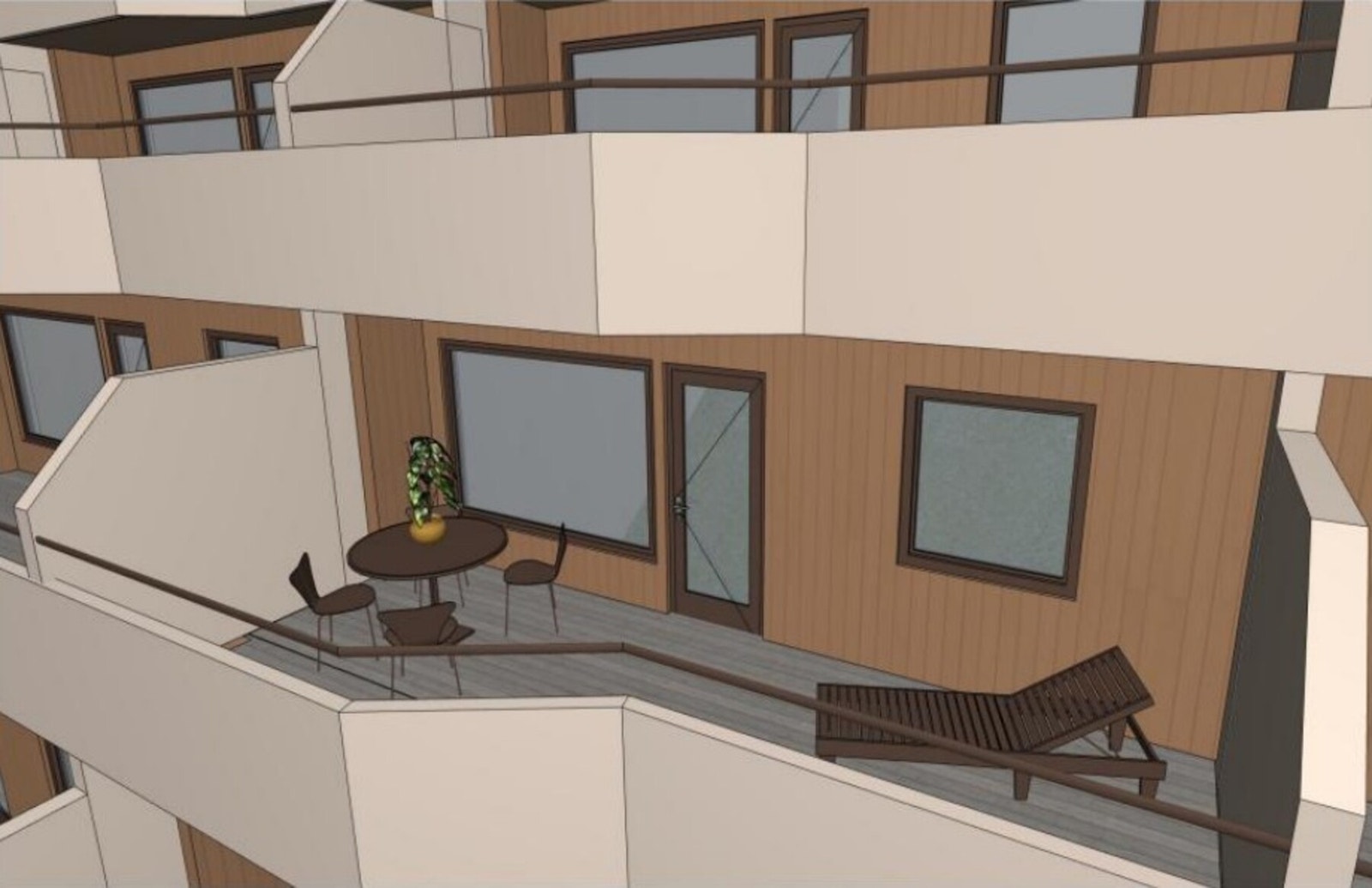 Totalrenovert fasade / terrasse. Vinduer, dør, etterisolering, kledning og tynt glassgelender som gjør terrassen ca 30-40cm dypere enn originalt. Galleribilde