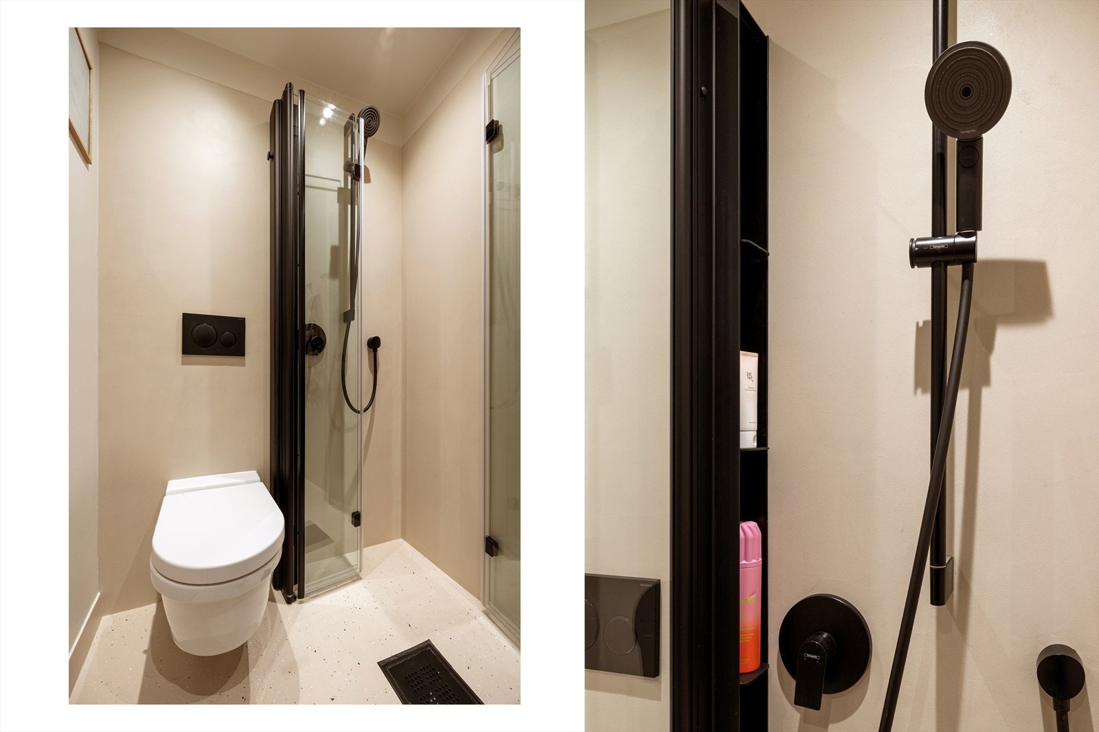 Dusjdører fra INR med innebygget hyllesystem, og øvrig innredning fra Tapwell og HansGrohe Galleribilde