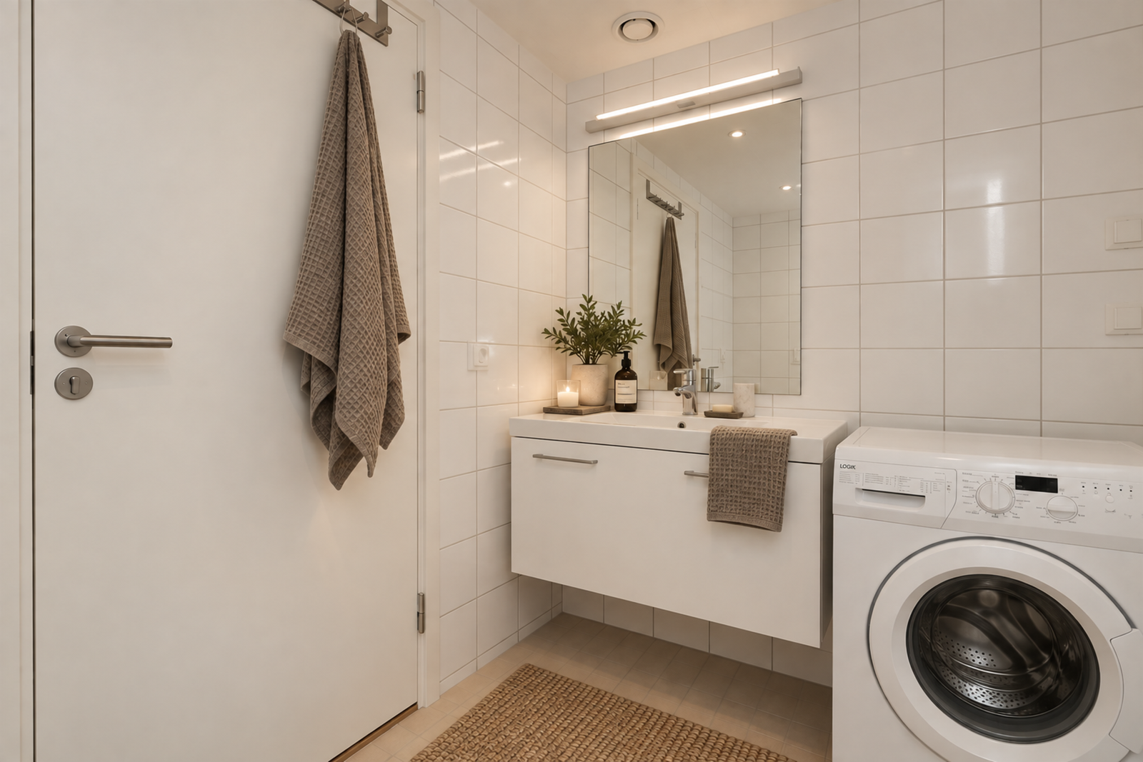 Pent flislagt bad med opplegg for vaskemaskin.
Bildet er digitalt møblert og redigert ved hjelp av KI Galleribilde