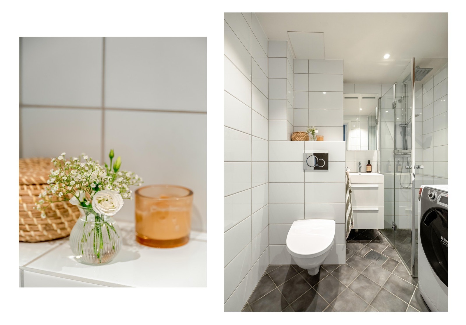 Fra entréen finner vi dette fine badet fra 2015 med lune varmekabler på gulv og dimbare downlights i tak. Galleribilde