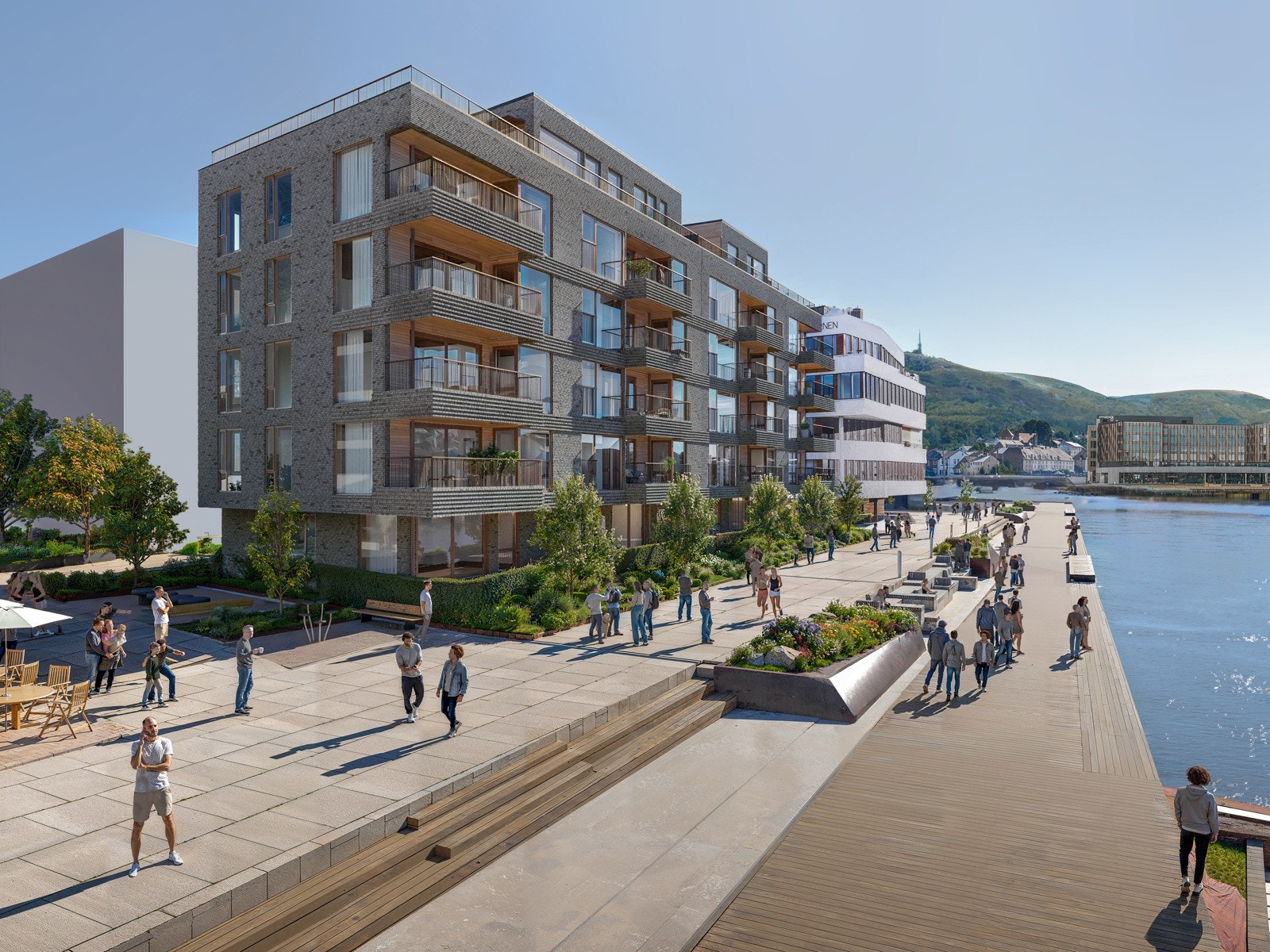 Marineholmen er i ferd med å bli en av Bergens aller beste beliggenheter. Her kan du bo tett på sjøen og nyte det maritime livet. 3D illustrasjon - avvik vil forekomme Galleribilde