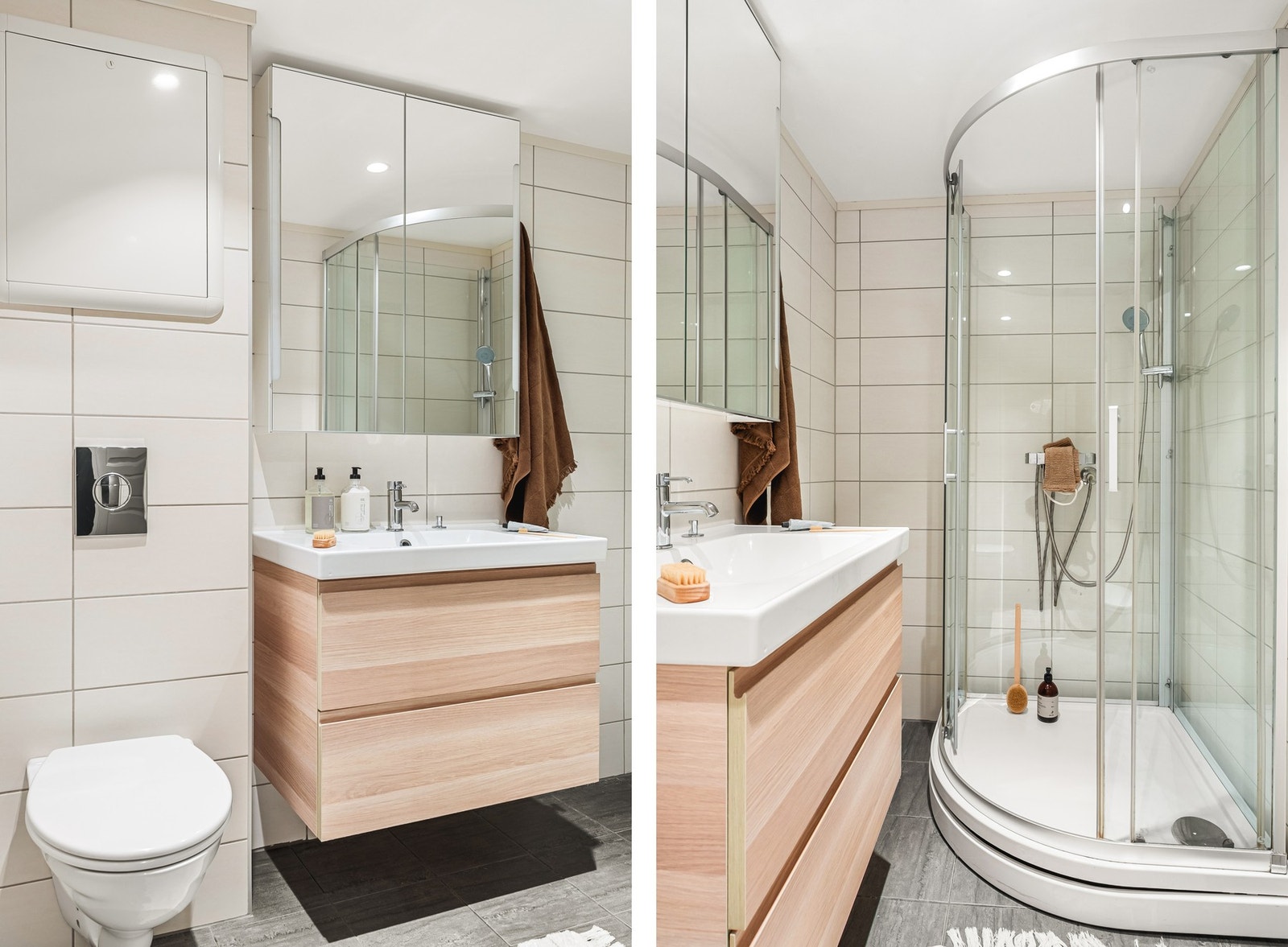 Badet er på 3,4 m² og er helfliset med malt himling, innfelte downlights og varmekabler i gulvet. Galleribilde