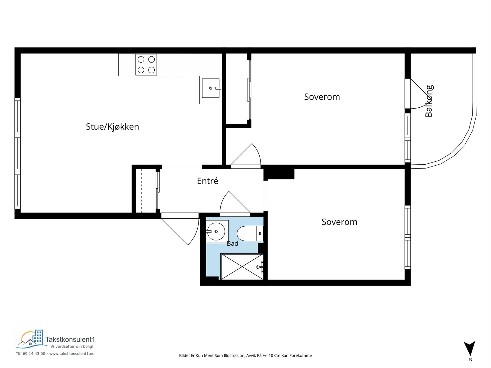 Alternativ planløsning med 2 soverom. Galleribilde