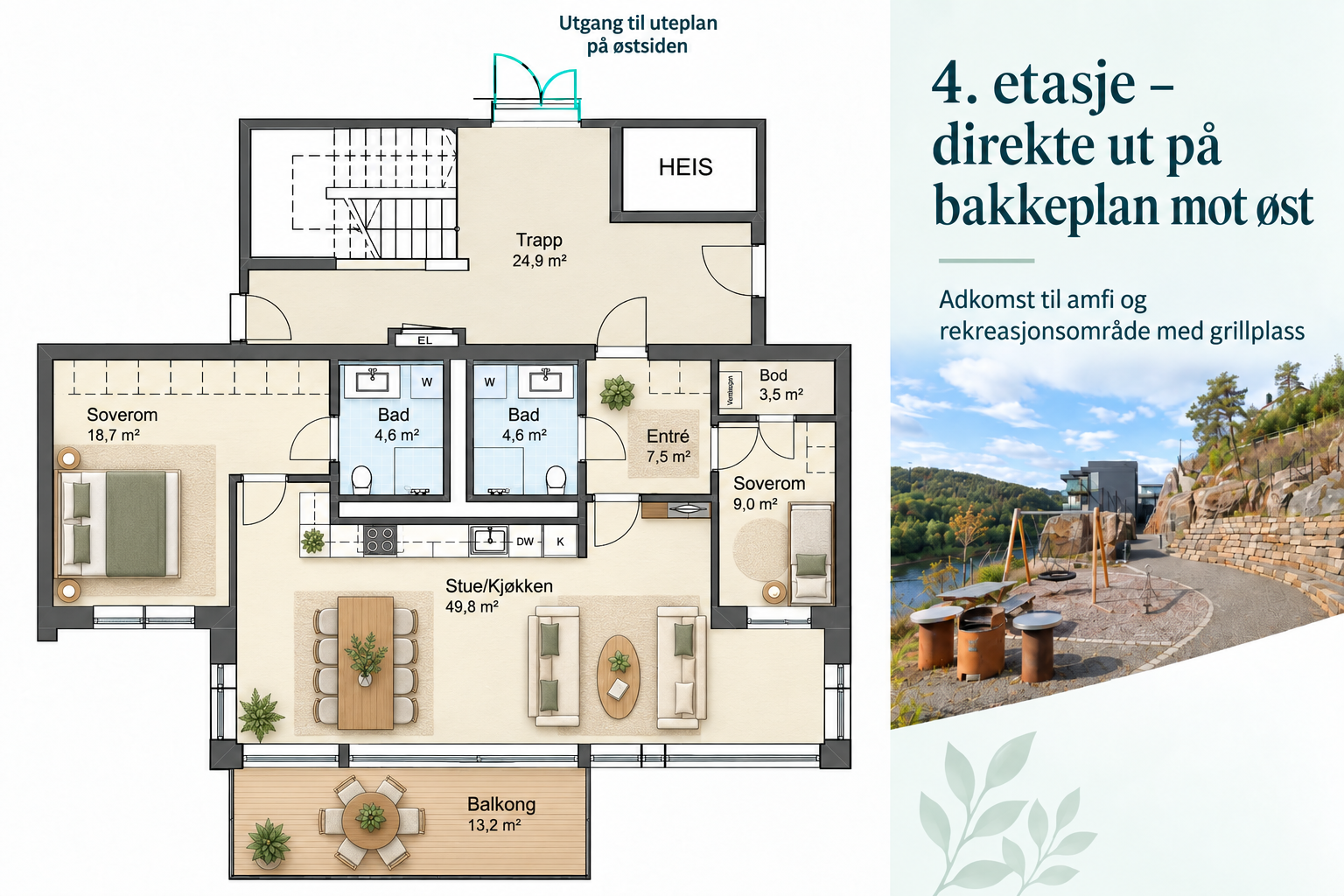 En særlig praktisk kvalitet: Selv om leiligheten ligger i 4. etasje, er det direkte utgang til bakkeplan på østsiden og videre til felles rekreasjonsområde. Galleribilde