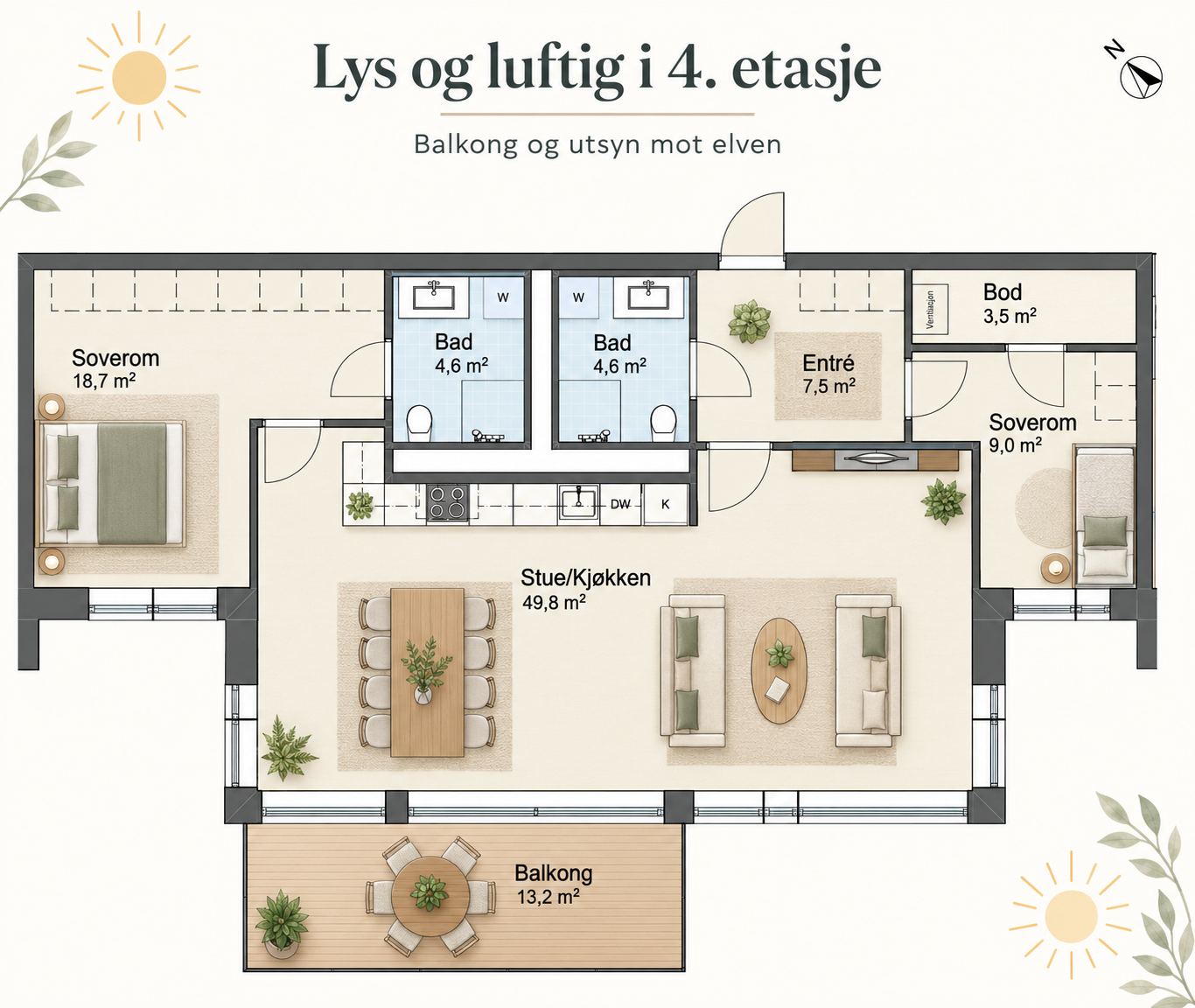 Plantegning som viser leilighetens innhold og planløsning - blant annet romslig stue/kjøkken, to soverom, to bad og balkong. Galleribilde