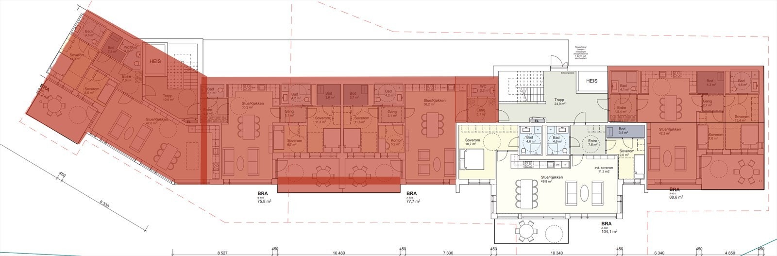 Etasjeplan som viser leilighetens plassering i bygget. Galleribilde