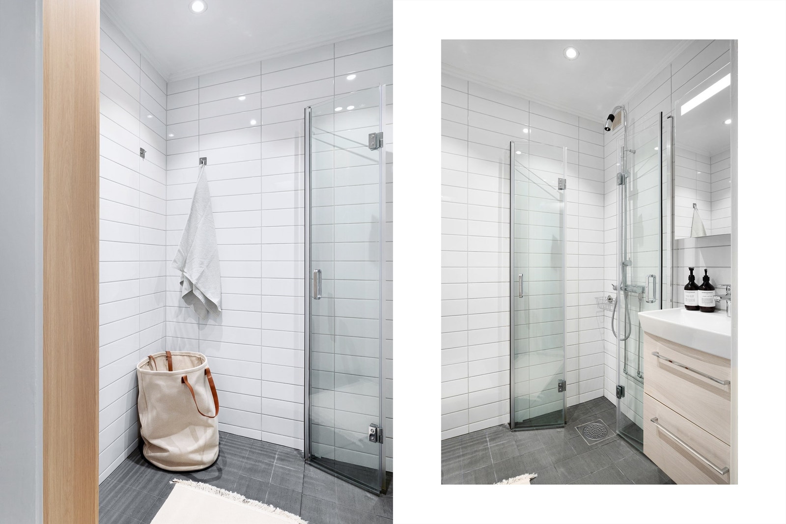 Pent, flislagt baderom med downlights i himlingen. Galleribilde