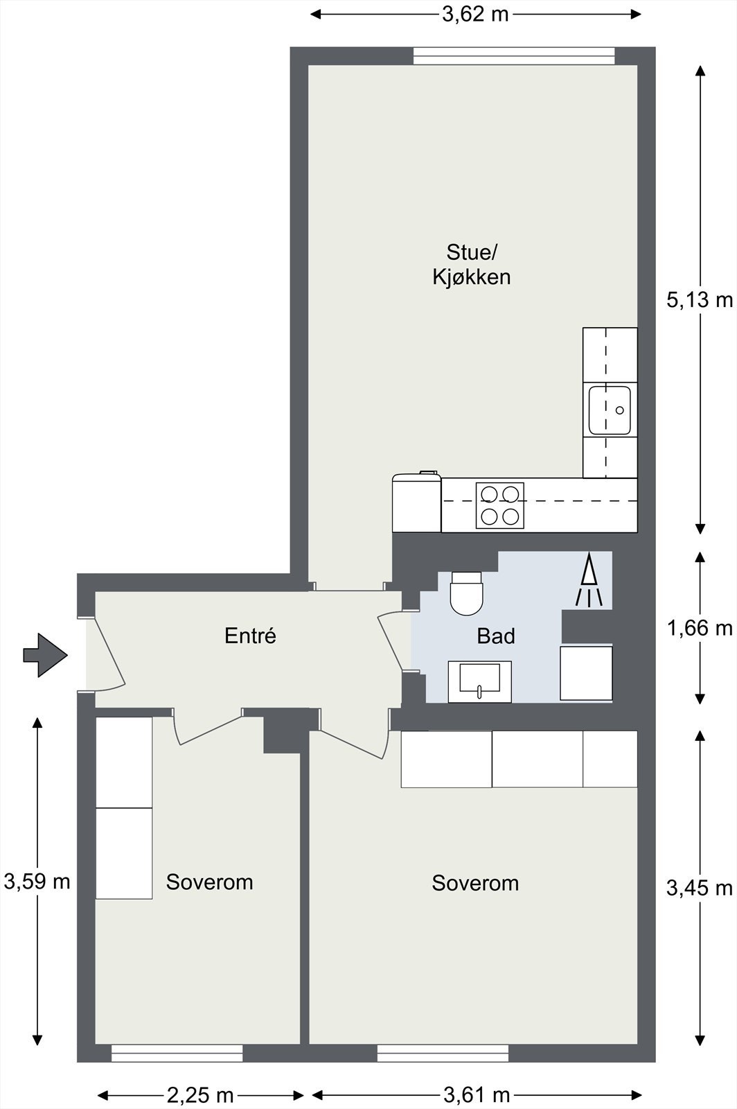 Plantegning fra takstmann (avvik kan forekomme). Legg merke til romslige soverom hvor begge har godt med garderobeløsninger som er bygget inn. Galleribilde