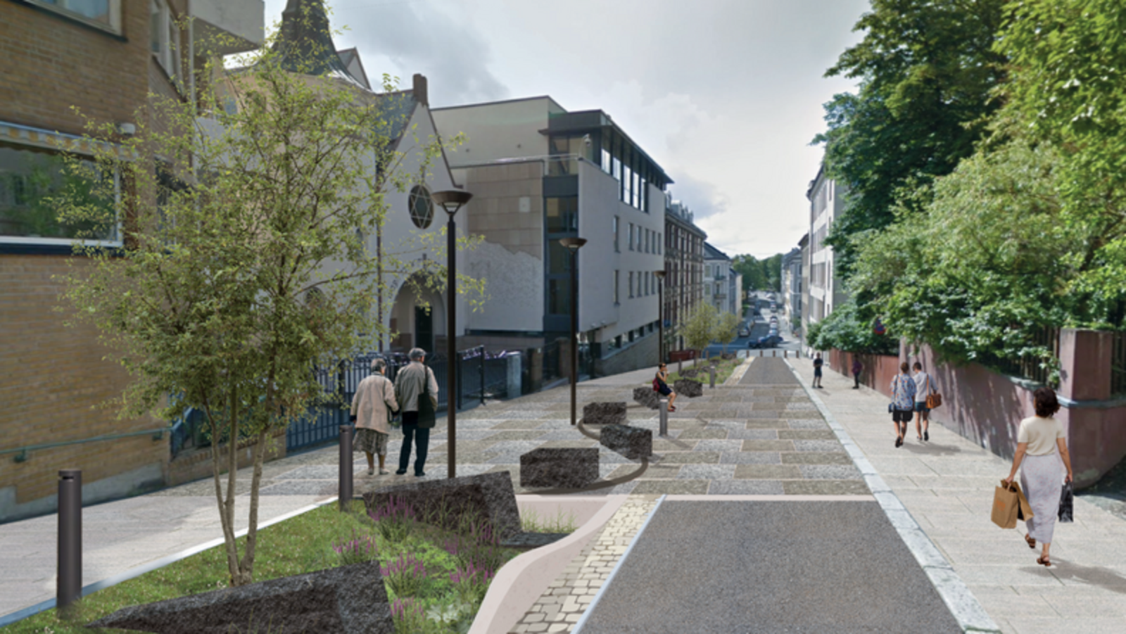 Illustrasjonsbilde fra Bergstien, hentet fra Oslo kommune sine sider. Viser hvordan gateoppgraderingen i Bergstien er planlagt å se ut! Galleribilde