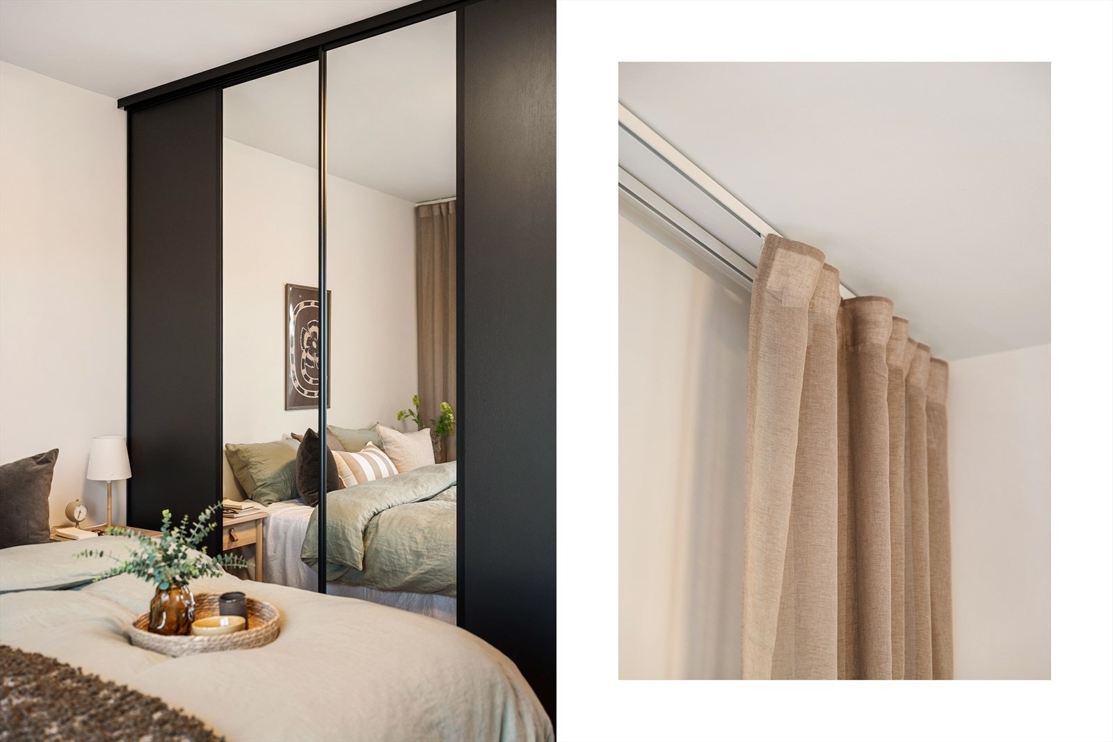 - Det er også montert gardinskinner i tak på soverommet - her får du virkelig hotellfølelsen i eget hjem. Med praktisk skyvedørsgarderobe får du også skjult alt av klær - Galleribilde