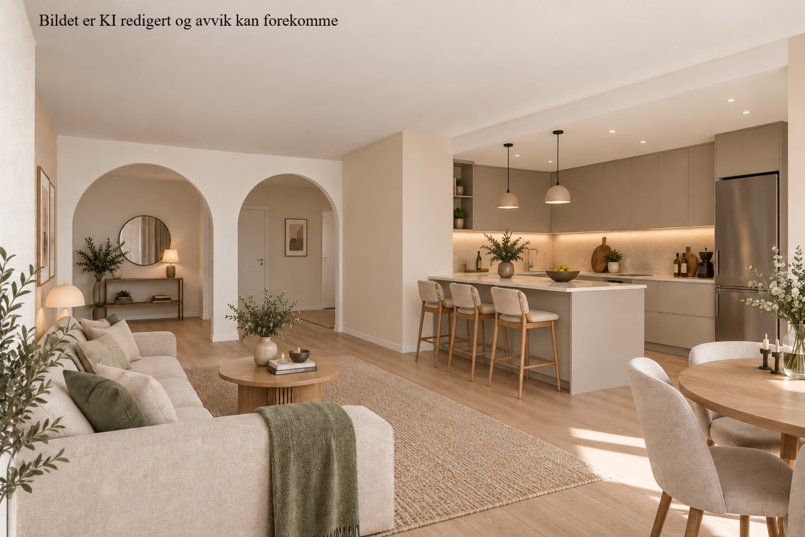 Bildet er KI redigert og avvik kan forekomme. Dette er visualisering av hvordan det kan bli hvis man åpner mot kjøkken. Det legges vekt på at KI har fjernet mer av veggen enn hva som vil være mulig. Galleribilde