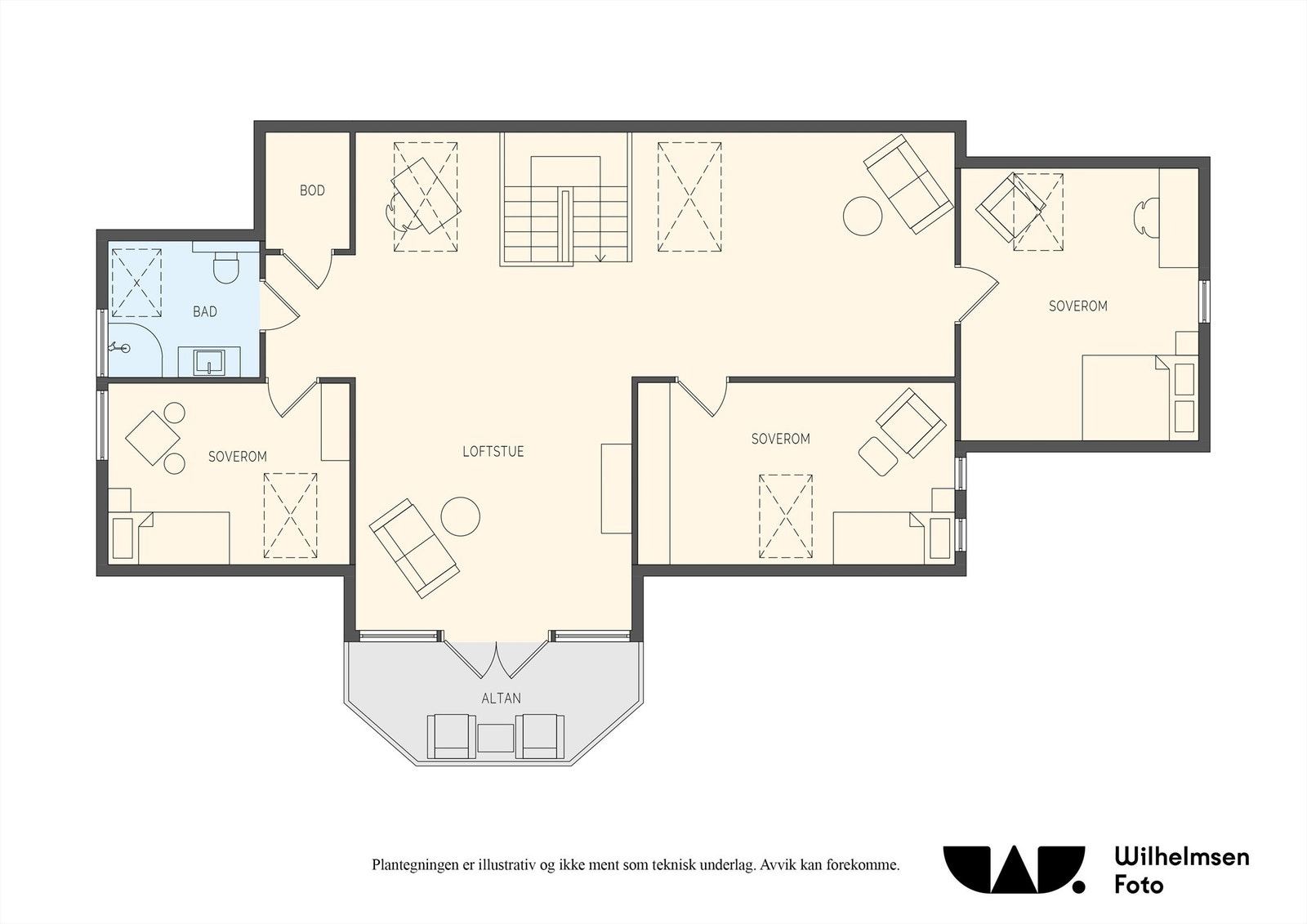 Plantegning loftetasje. Inneholder tre soverom, bad og loftstue, samt en liten bod. Galleribilde