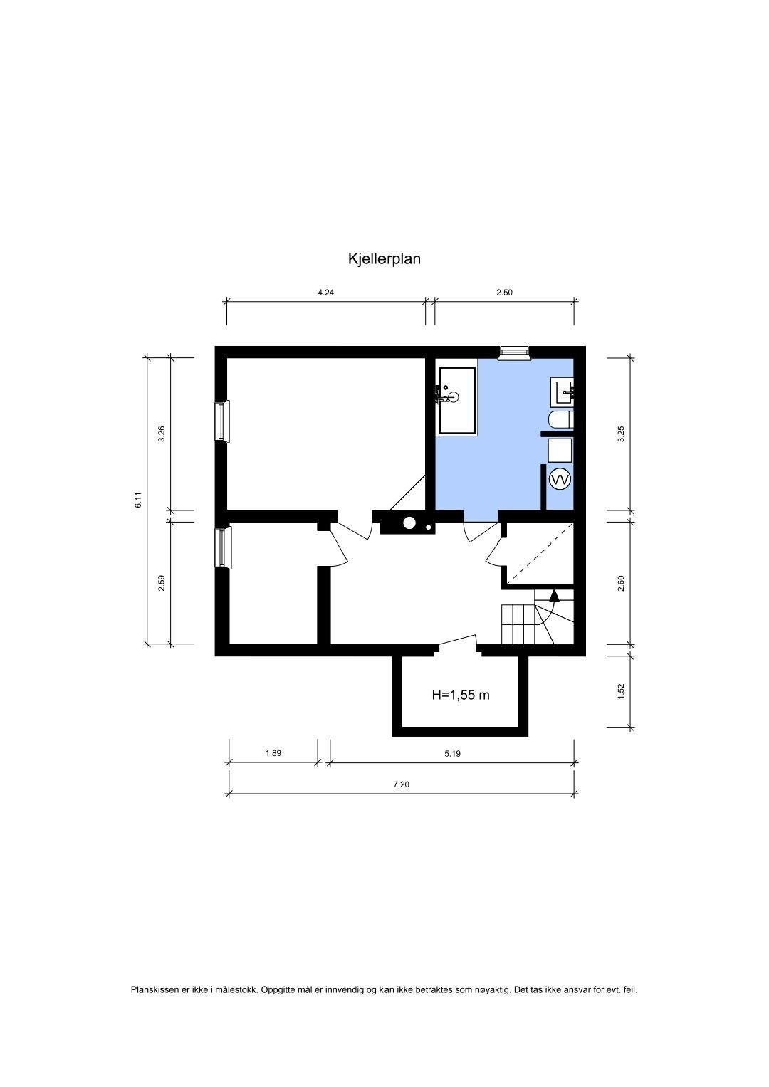 Plantegning – kjeller med blant annet bad/vaskerom, disponibelt rom og boder. Galleribilde