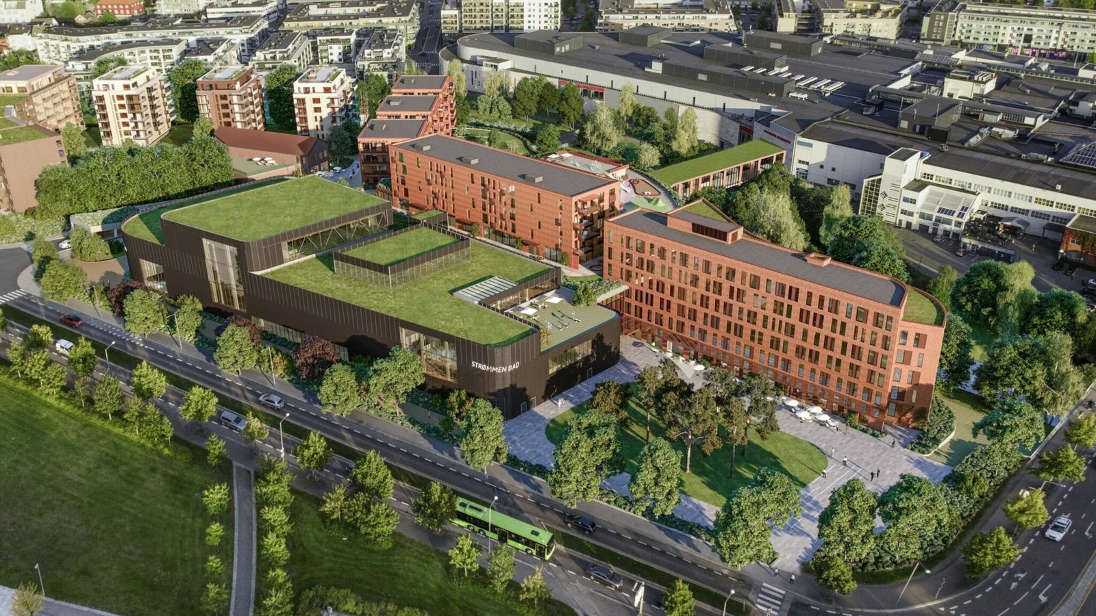I nærområdet kommer Strømmen Badeland, planlagt til å bli en av landets mest komplette badeanlegg. Prosjektet henvender seg til et bredt publikum og sikter på å bli et regionalt knutepunkt for rekreasjon og velvære. Kilde: Arkitektkontoret Nils Tveit Galleribilde