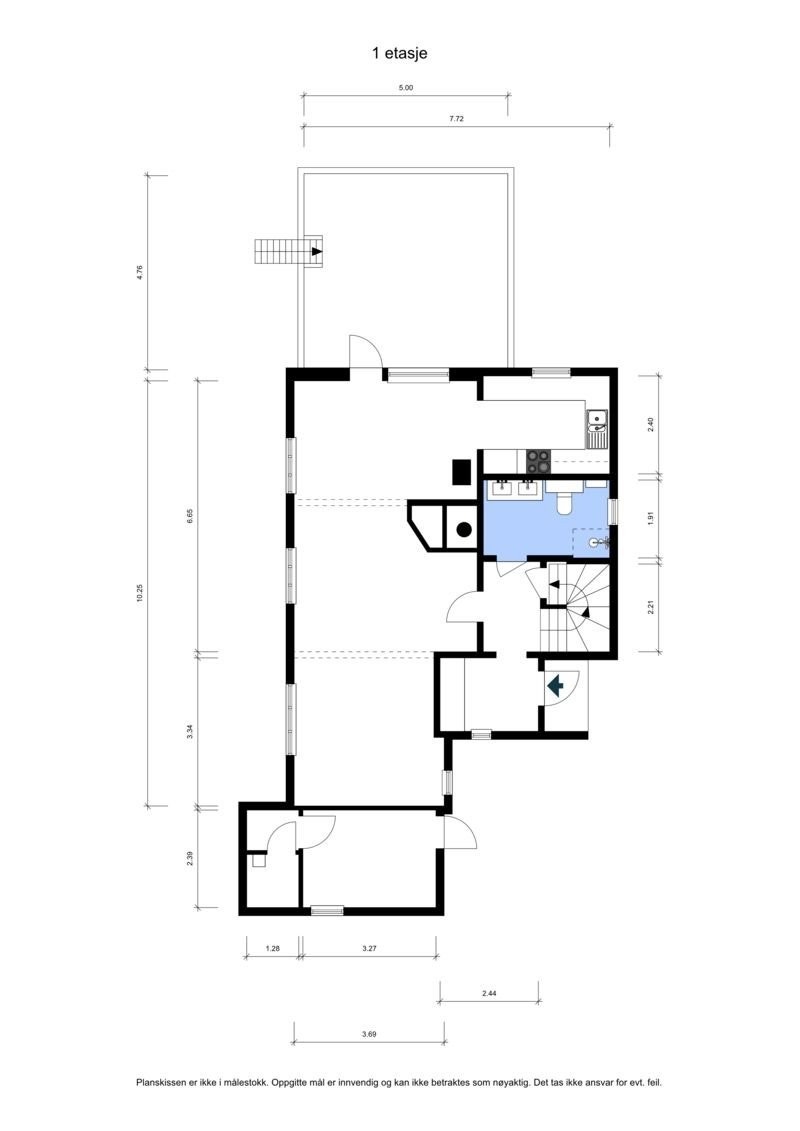 Plantegning 1. etasje som også viser bod (tidligere garasje). Galleribilde