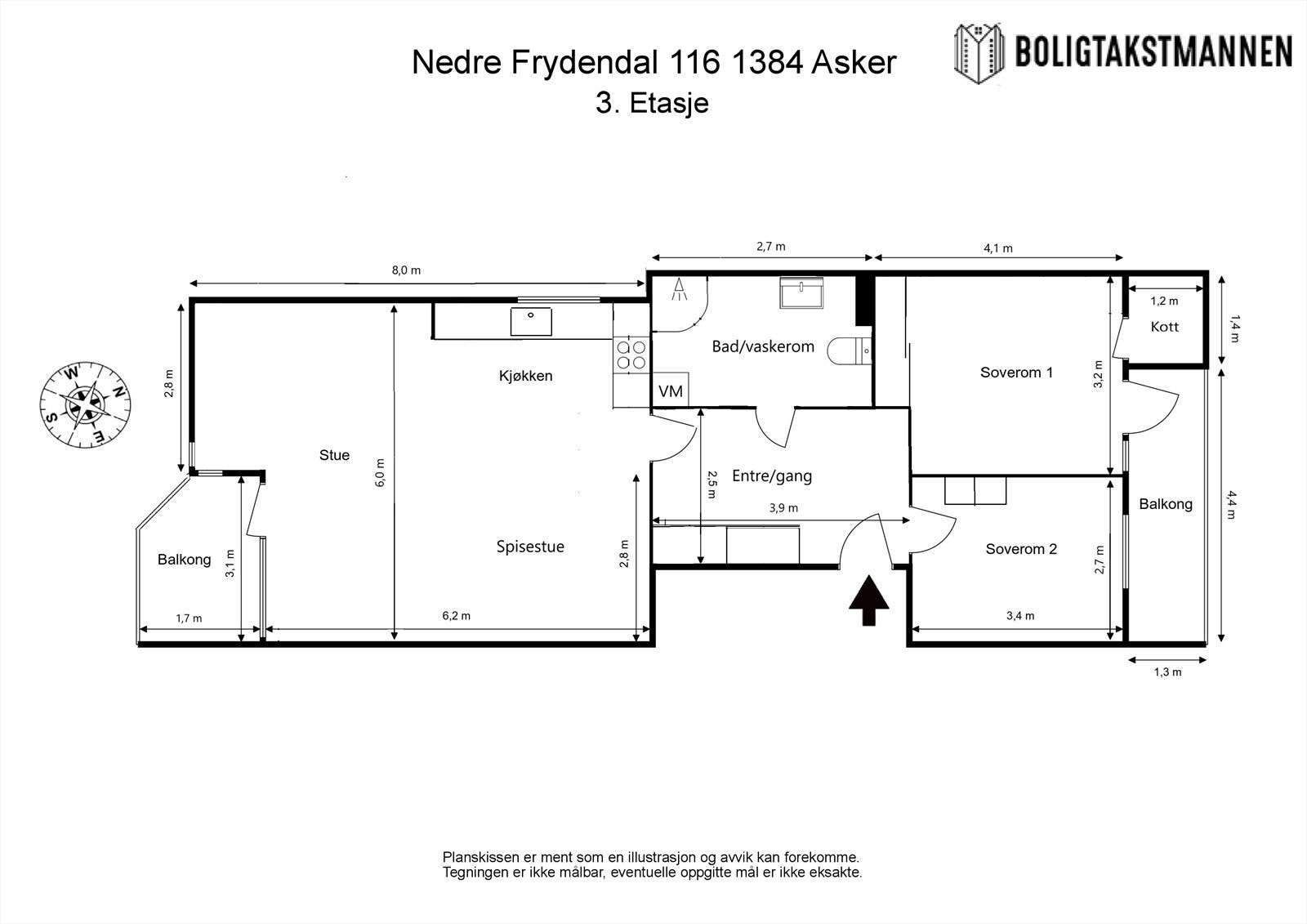 Boligen ligger i 3. etasje og har et bruksareal på ca. 82 m² BRA-i. Planløsningen består av entré/gang, bad/vaskerom, kjøkken, stue, to soverom og kott. Sameiet har 120 seksjoner og eier tomten. Galleribilde