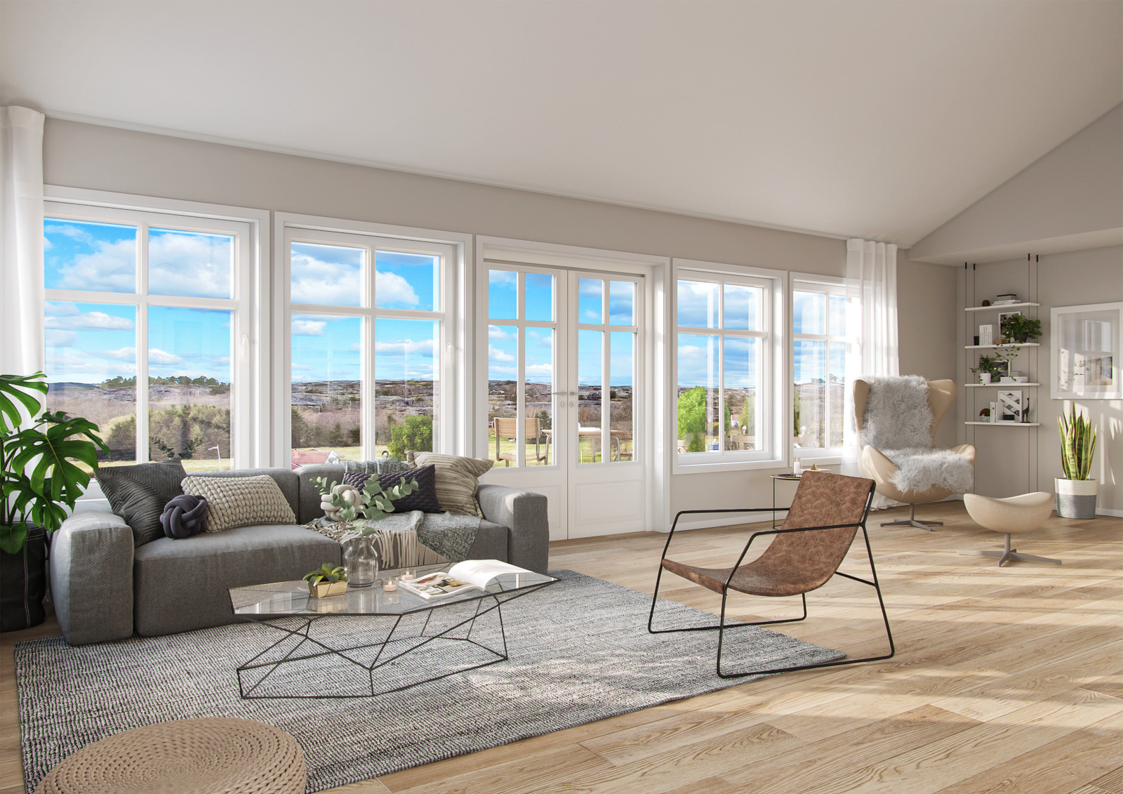 Stuen har godt med vindusflater fra flere himmelretninger som slipper inn  rikelig med naturlig lys. Alle 3D rendere er å anse som illustrasjoner og kan avvike fra tekniske tegninger og byggebeskrivelser.