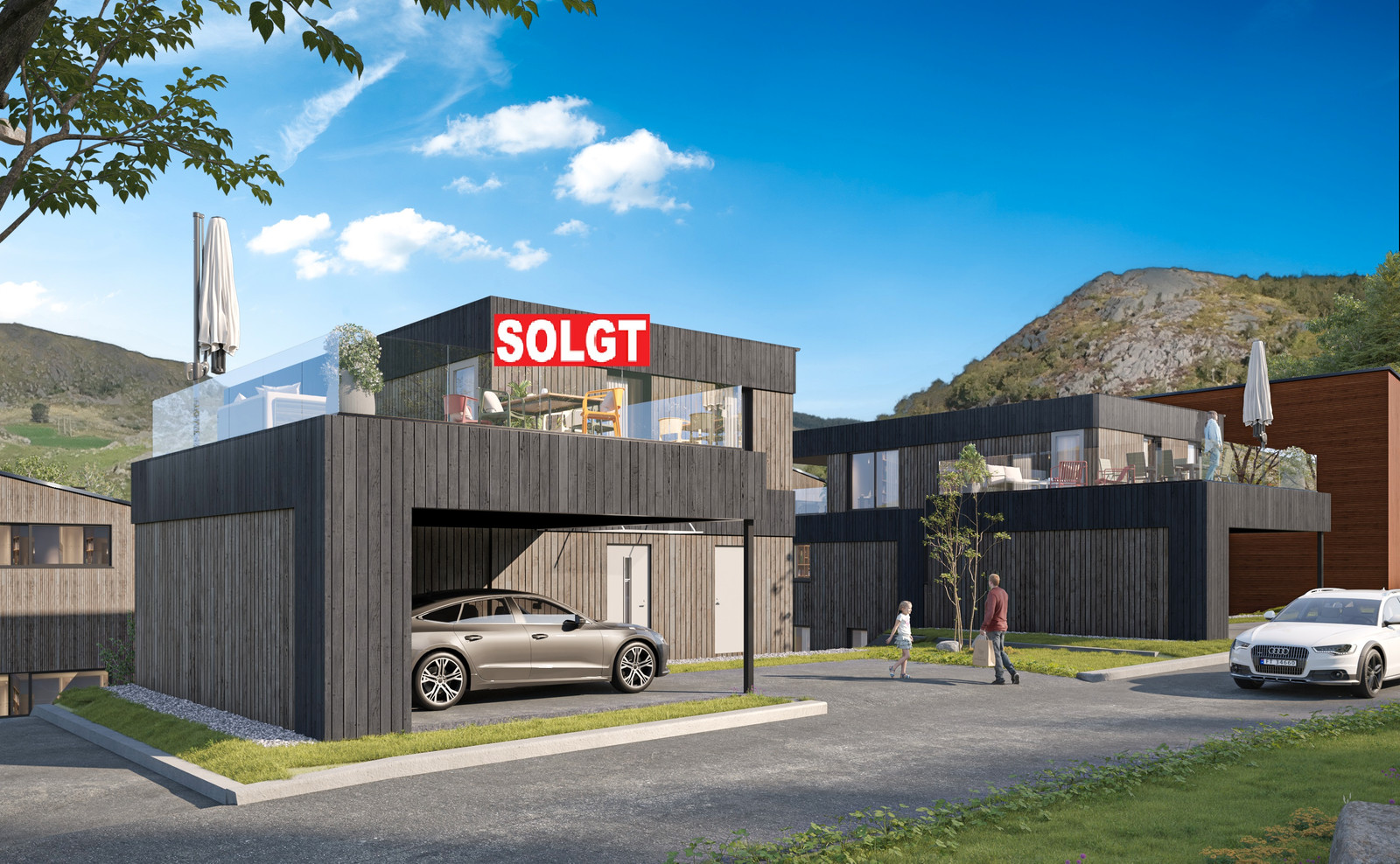 Ringtrostveien 16 er boligen til høyre i bildet. 3d bilde er kun illustrasjon.