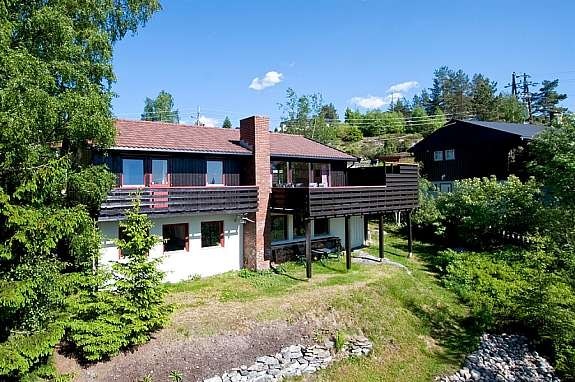 Fasade. Skrånet tomt opparbeidet med plen, prydbusker og beplantning. Hellelagte gangveier. Galleribilde