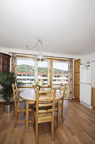 Fint utsyn mot fellesområder fra kjøkkenet, med morgensol. Galleribilde